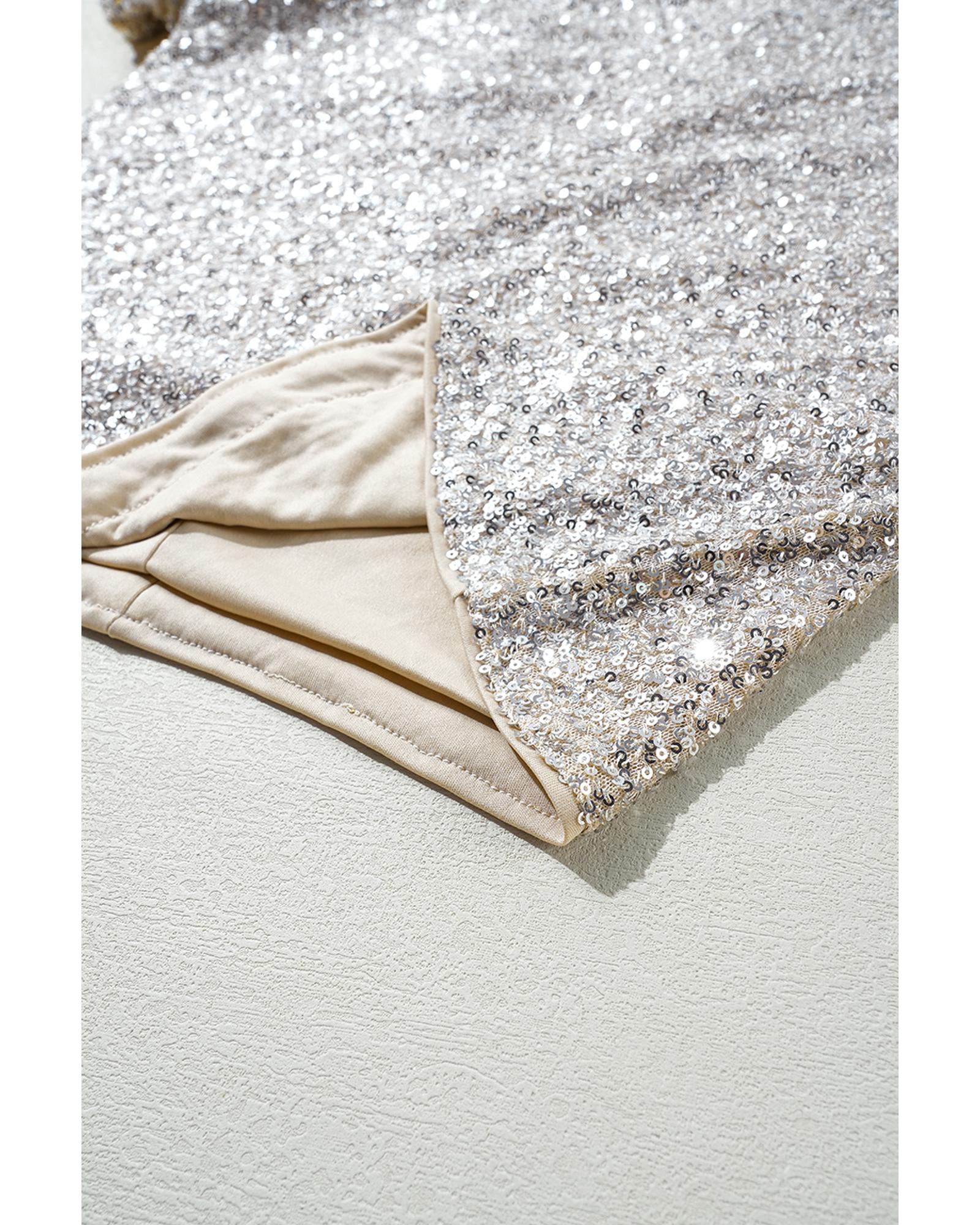 V539-AZEXDC25128260-P13-XL-202508271506-00 Silvery Sequin Puff Sleeve Cutout Back Blouse - XL - Image 1