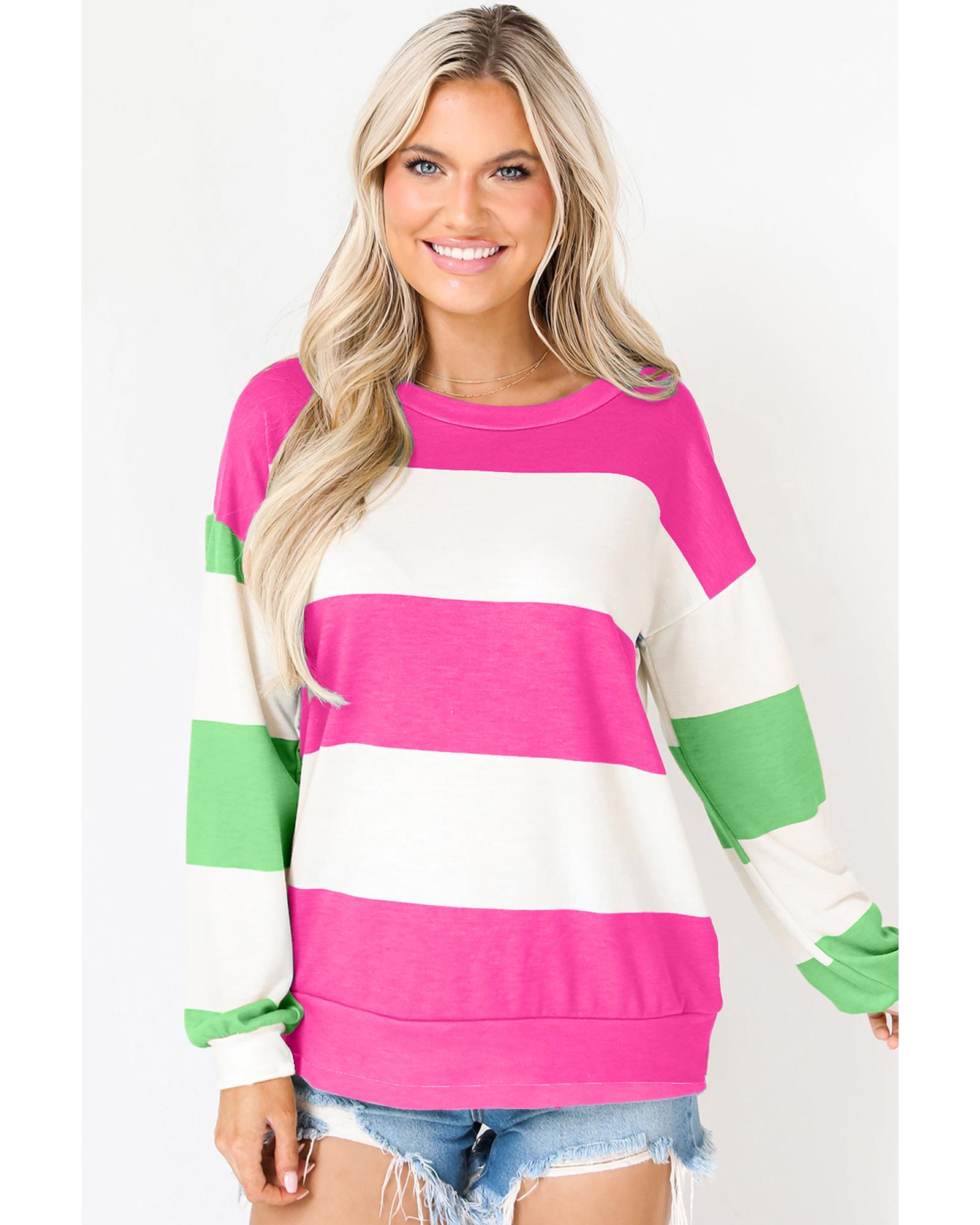 V539-AZEXDC25128406-P6-XL-202508271740-00 Rose Red Colorblock Striped Drop Shoulder Long Sleeve Top - XL - Image 1