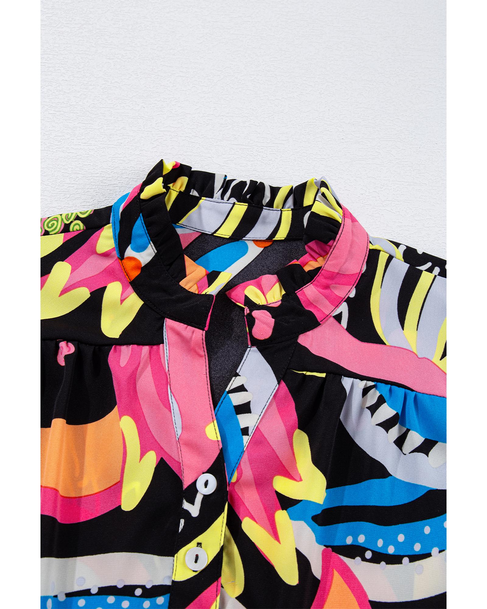 V539-AZEXDC25128414-P220-S-202506120227-00 Black Abstract Print Ruffled Sleeve Buttoned V Neck Blouse - S - Image 1