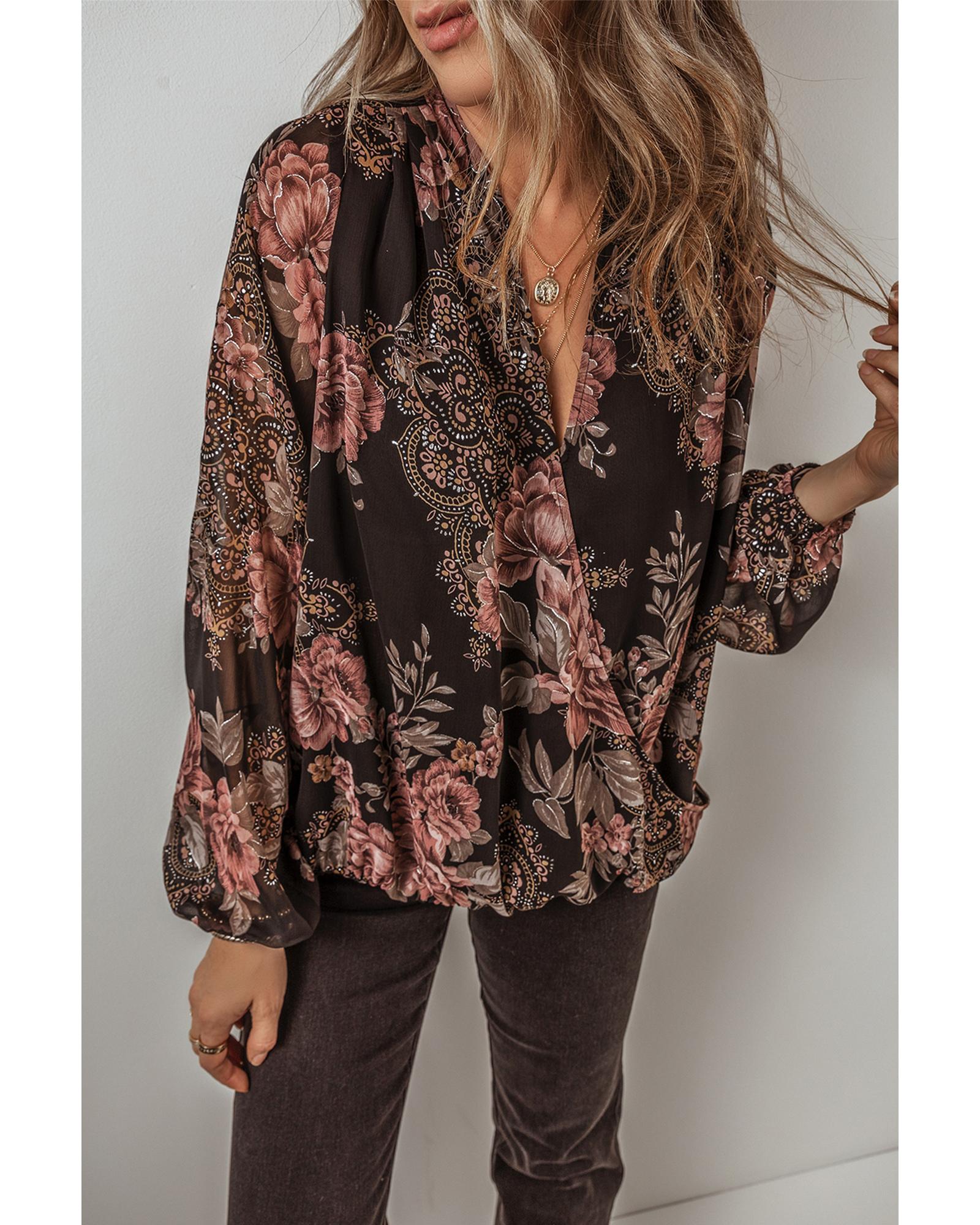 V539-AZEXDC25128458-P220-L-202508270430-00 Black Floral Print Criss Cross V Neck Balloon Sleeve Blouse - L - Image 1