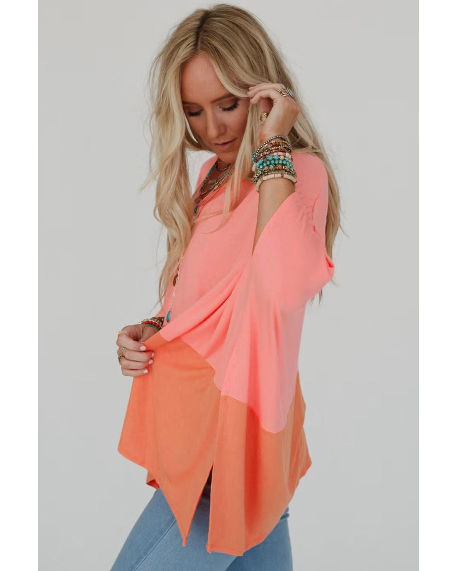 V539-AZEXDC25128465-P3014-XL-202508271510-00 Grapefruit Orange Contrast Color Patchwork Oversized Side Split Top - XL - Image 1