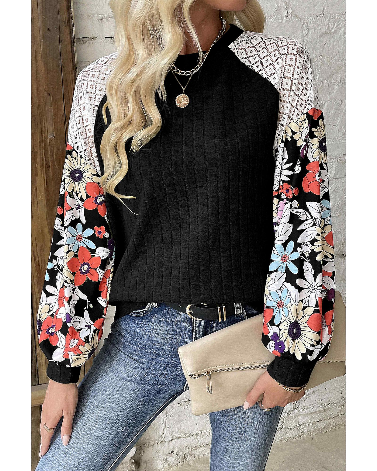 V539-AZEXDC25128503-P2-M-202508271420-00 Black Floral Patchwork Long Sleeve Ribbed Blouse - M - Image 1