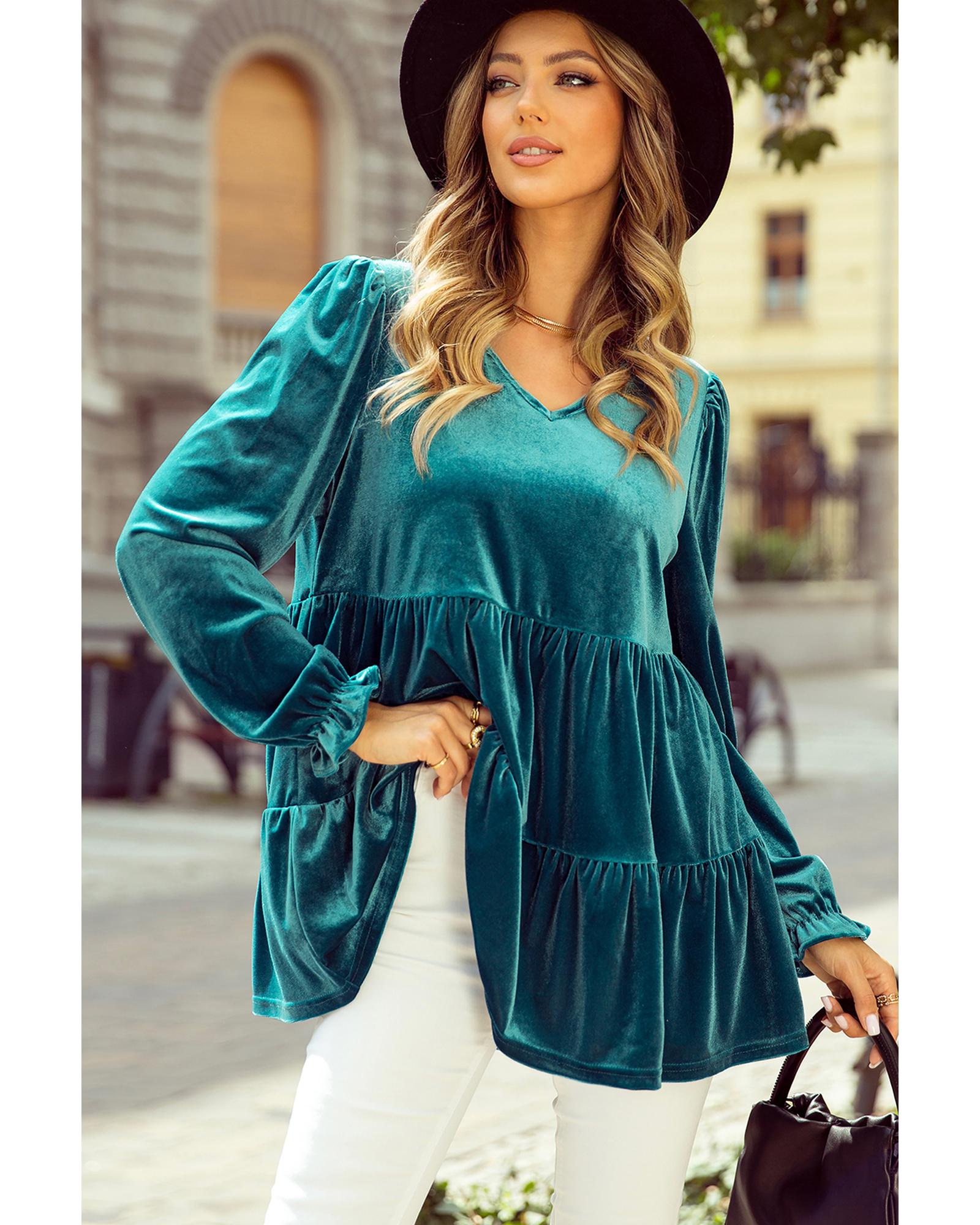 V539-AZEXDC25128641-P1709-M-202508272140-00 Sea Green Velvet V Neck Peplum Hem Puff Sleeve Blouse - M - Image 1