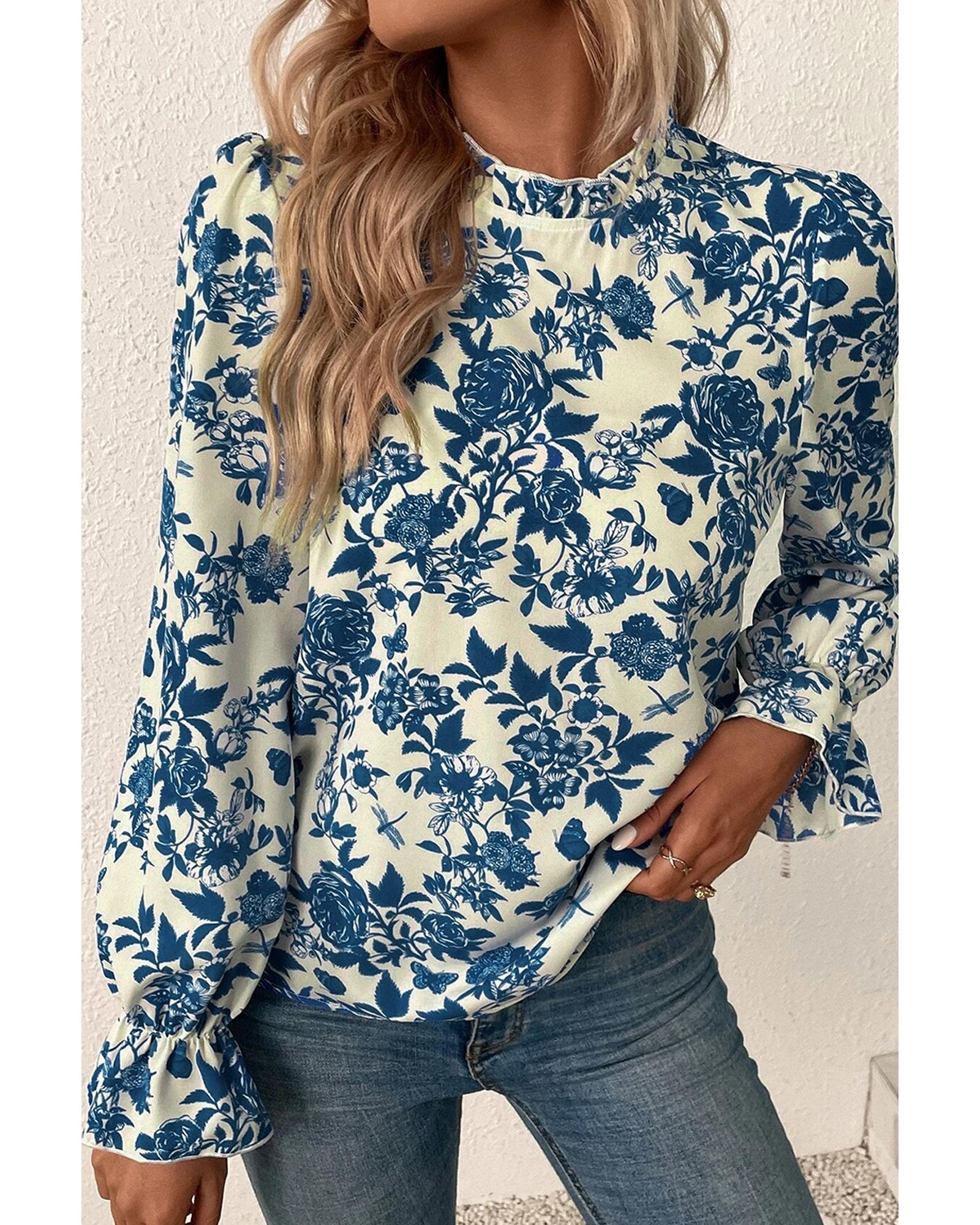 V539-AZEXDC25128665-P420-XL-202508270905-00 Sky Blue Floral Print Flounce Sleeve Keyhole Back Blouse - XL - Image 1
