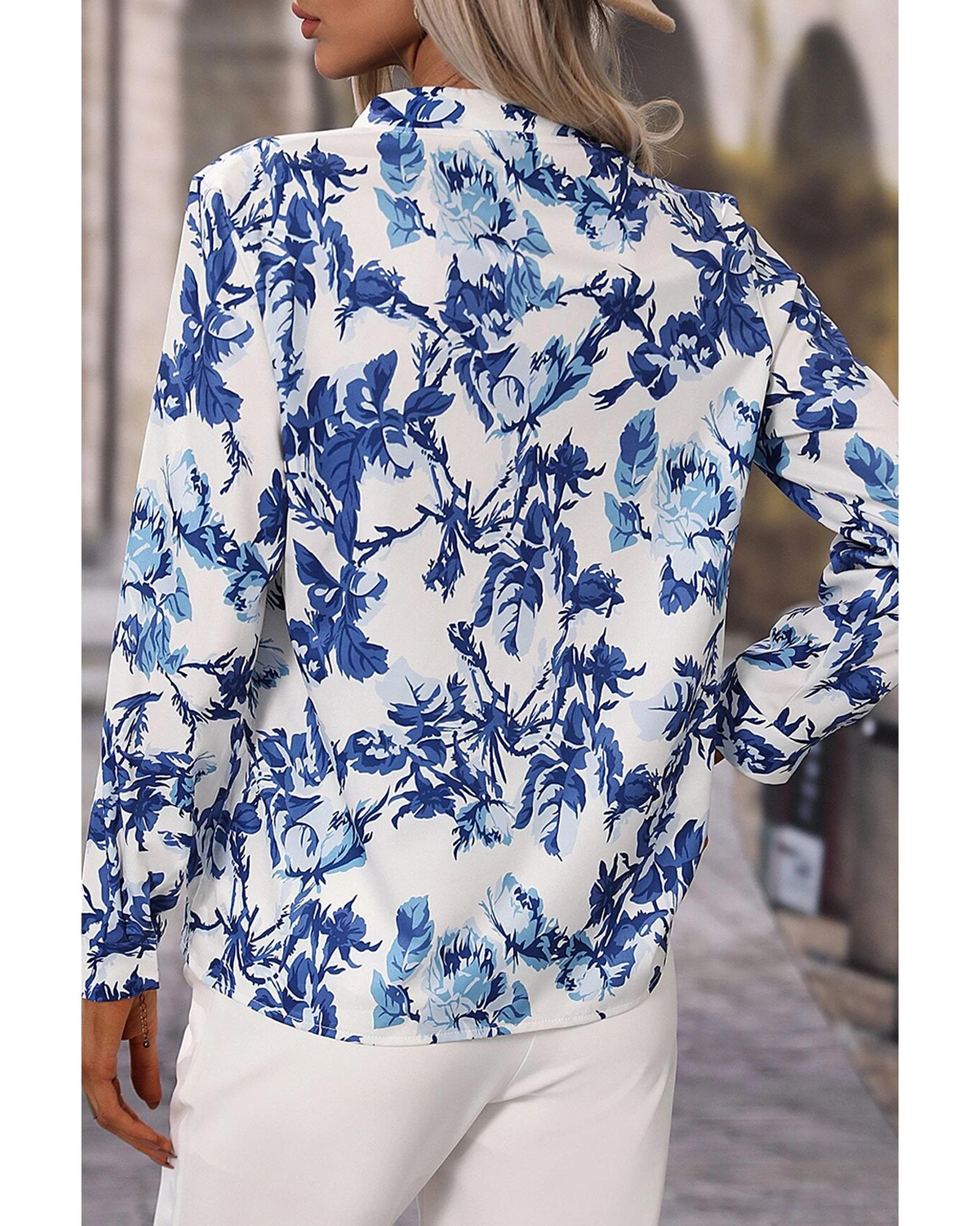 V539-AZEXDC25128666-P420-L-202508271100-00 Sky Blue Floral Print Notched Neck Elegant Blouse - L - Image 1
