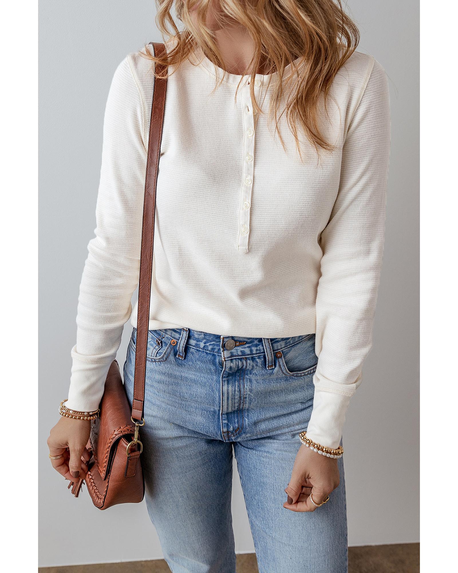 V539-AZEXDC25128669-P101-L-202508271510-00 White Solid Color Waffle Half Button Long Sleeve Top - L - Image 1