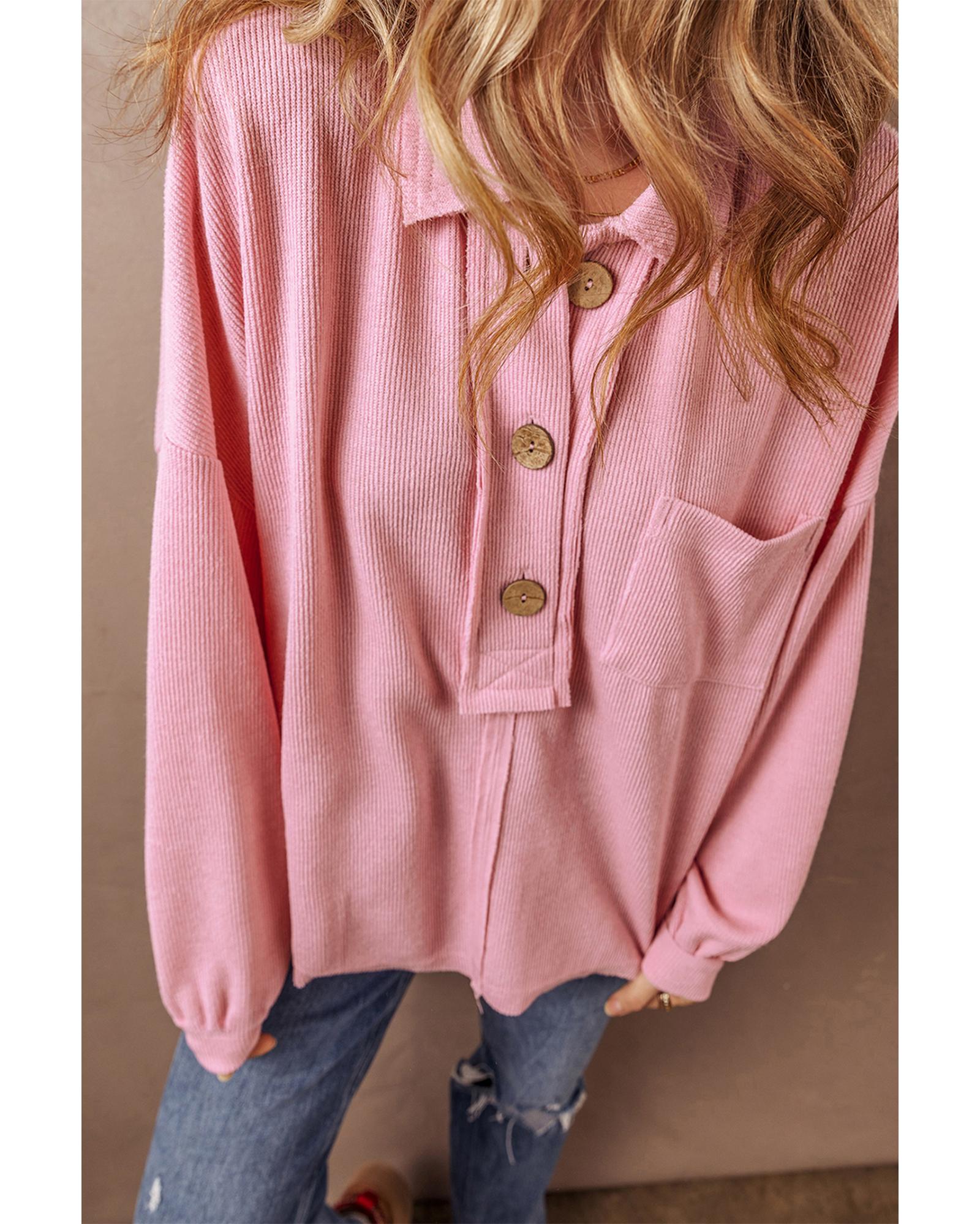 V539-AZEXDC25128683-P10-XL-202508271430-00 Pink Ribbed Knit Collared Henley Top with Chest Pocket - XL - Image 1