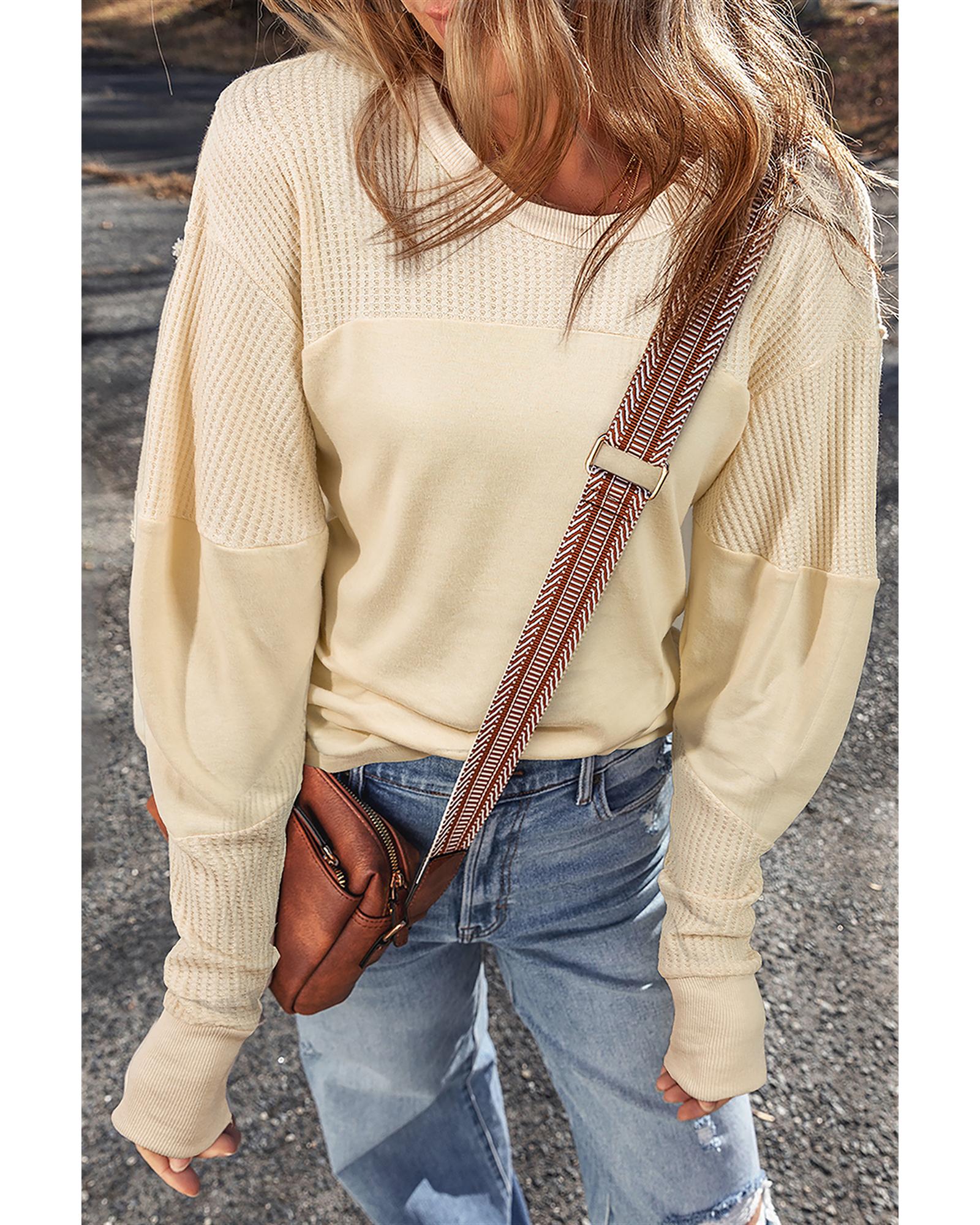 V539-AZEXDC25128687-P15-M-202508272215-00 Beige Thermal Knit Patchwork Exposed Seam Long Sleeve Top - M - Image 1