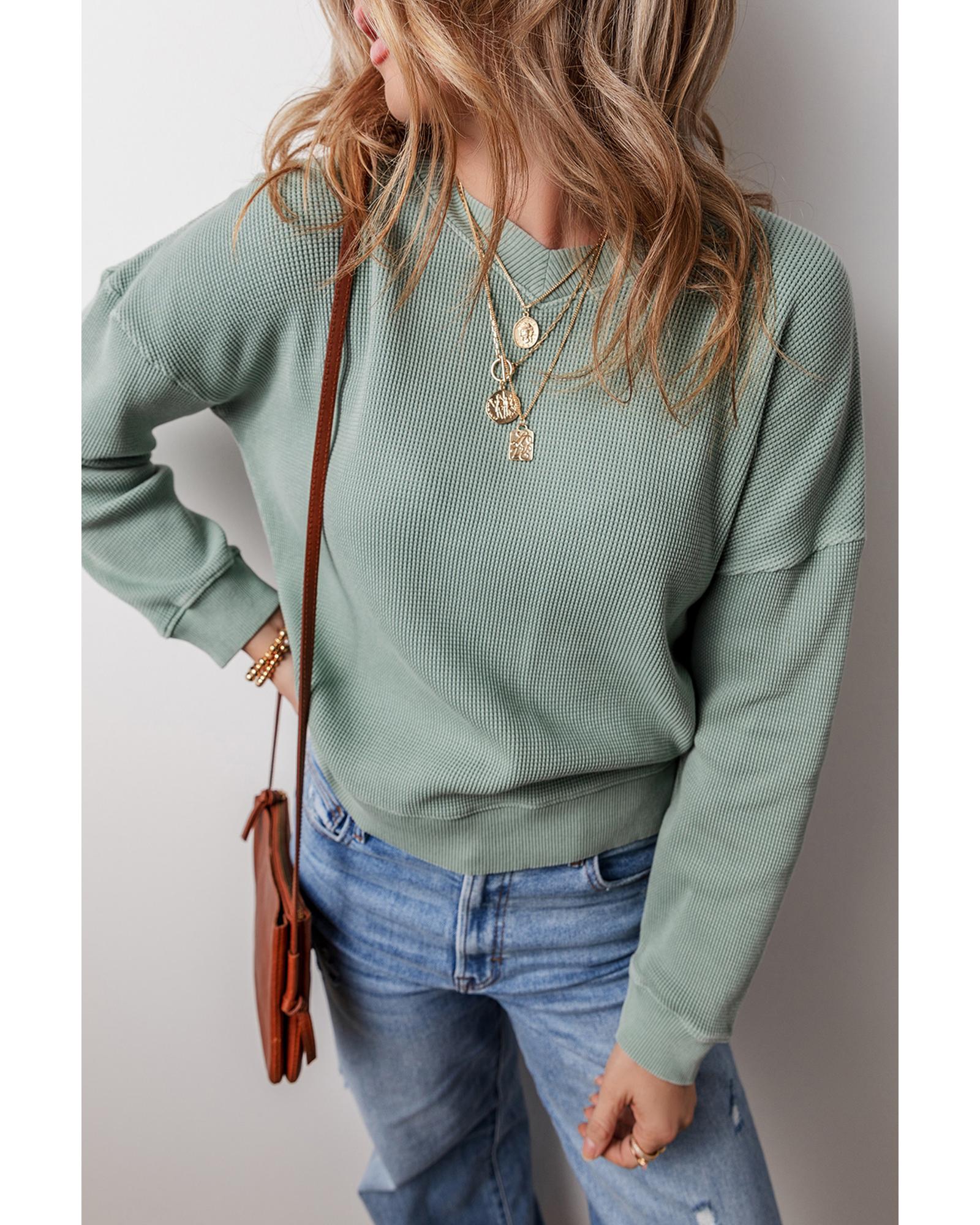V539-AZEXDC25128692-P2709-S-202508270900-00 Clearly Aqua Waffle Knit Drop Shoulder V Neck Top - S - Image 1