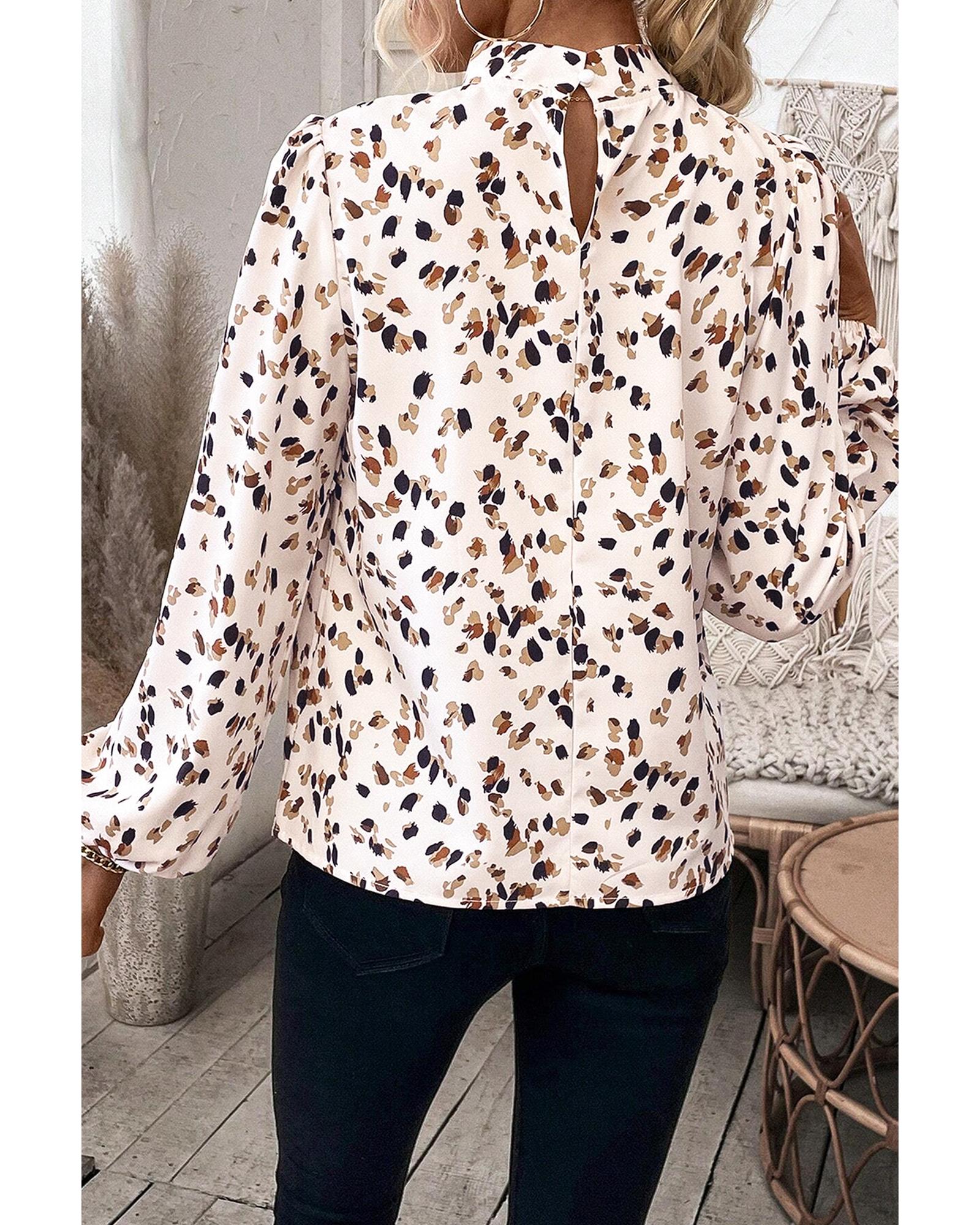 V539-AZEXDC25128703-P120-S-202506120525-00 White Leopard Print Lantern Sleeve Mock Neck Pleated Blouse - S - Image 1