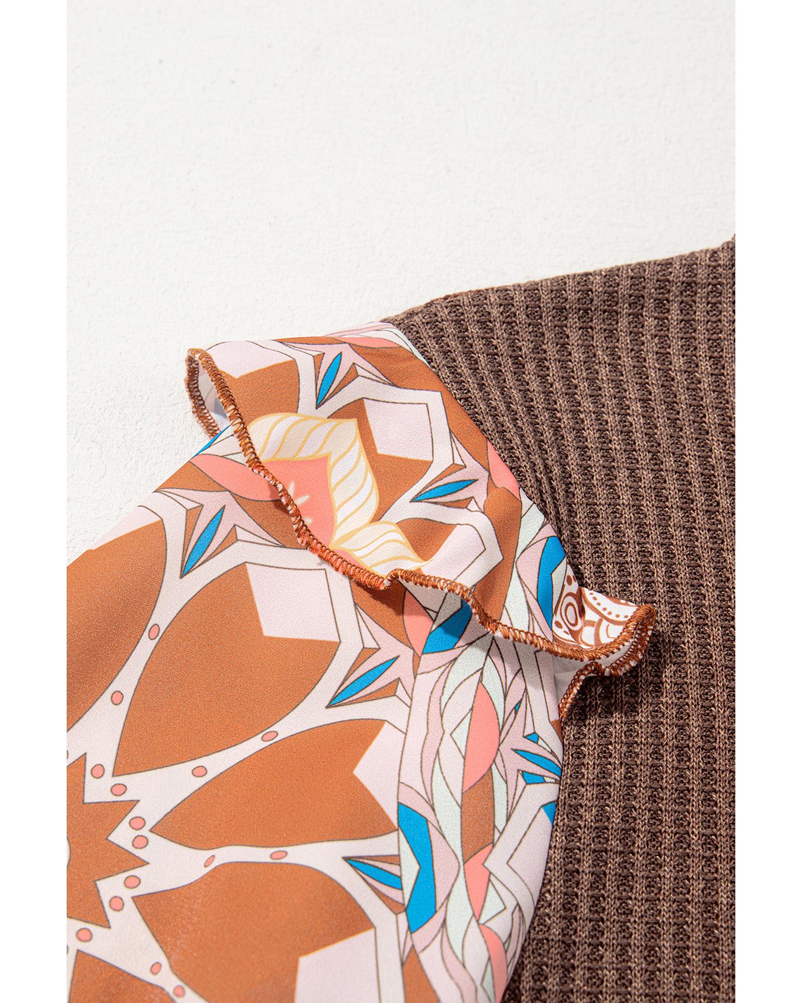 V539-AZEXDC25128758-P1017-S-202506120546-00 Coffee Ruffled Floral Sleeve Patchwork Waffle Knit O Neck Blouse - S - Image 1