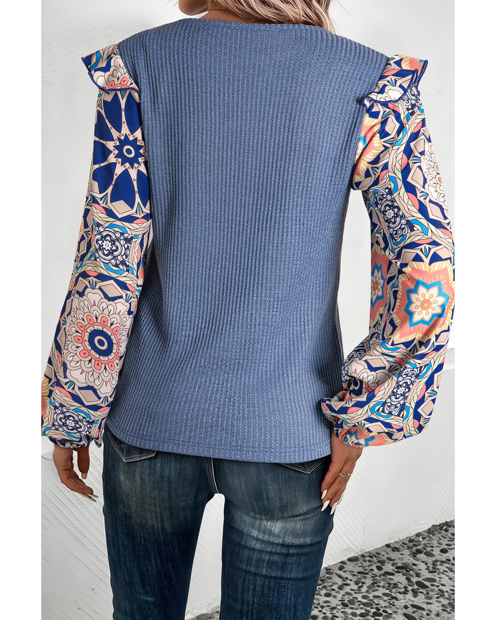 V539-AZEXDC25128758-P604-M-202508272005-00 Ashleigh Blue Ruffled Floral Sleeve Patchwork Waffle Knit O Neck Blouse - M - Image 1