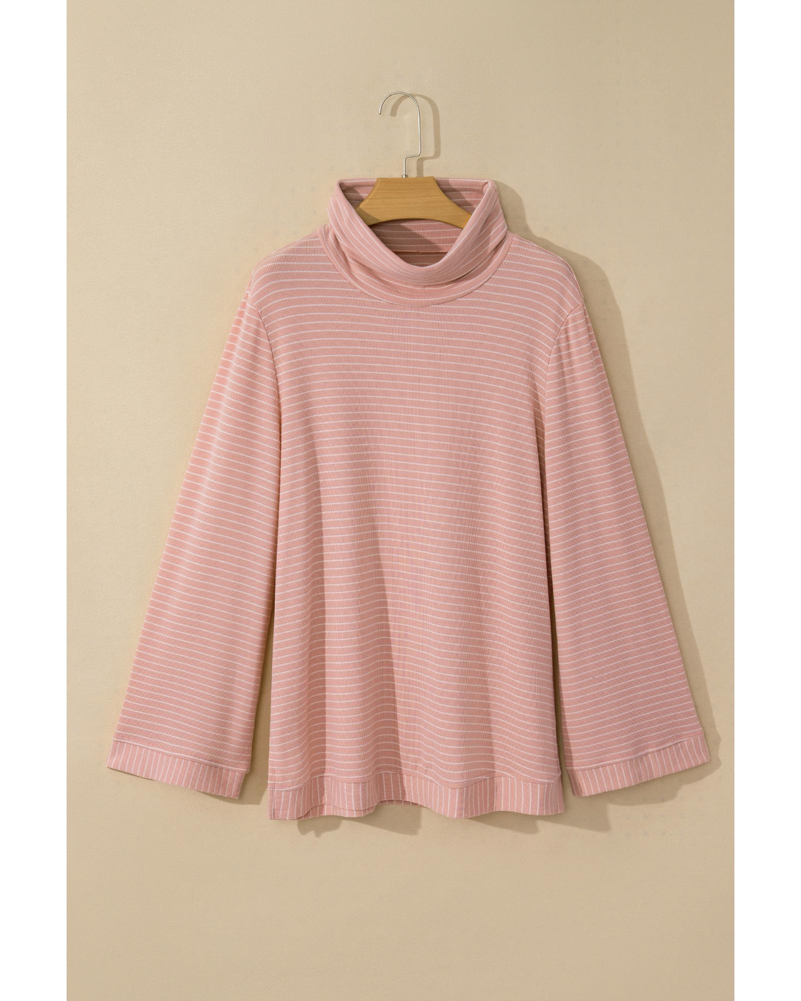 V539-AZEXDC25128763-P1019-L-202508280015-00 Pink Stripe Cowl Neck Side Slits Loose Fit Long Sleeve Top - L - Image 1