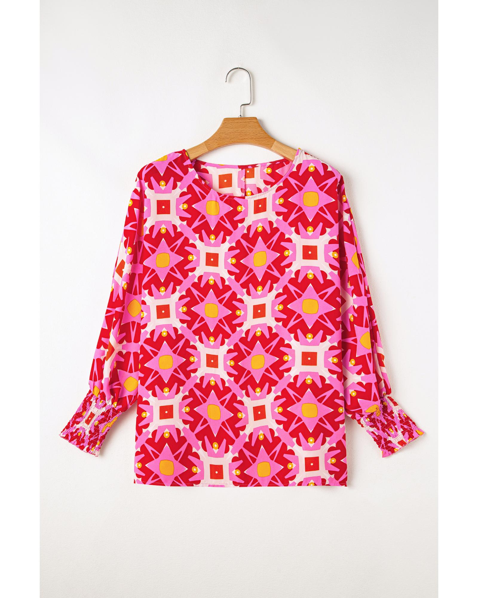 V539-AZEXDC25128765-P306-S-202506120615-00 Strawberry Pink Geometric Print Shirred Cuff 3/4 Sleeve Loose Blouse - S - Image 1