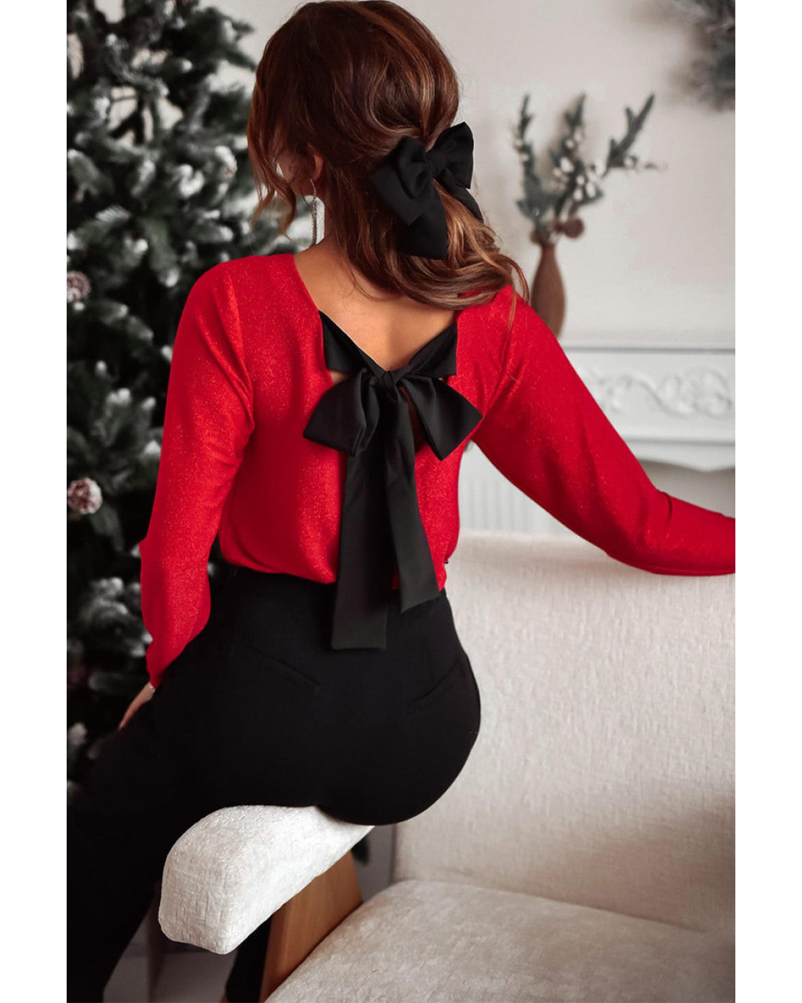 V539-AZEXDC25128775-P603-L-202508271705-00 Racing Red Metallic Bowknot Open Back V Neck Top - L - Image 1