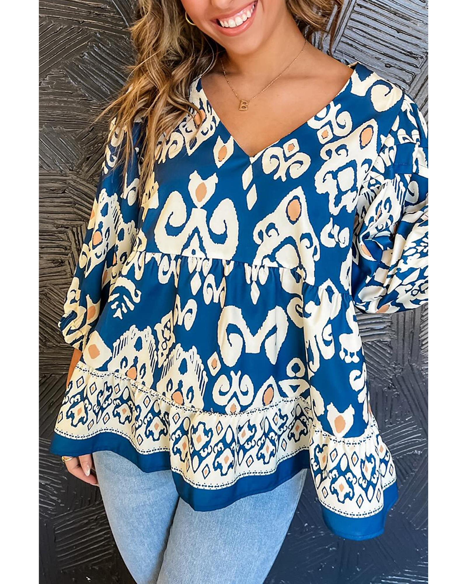 V539-AZEXDC25128787-P520-L-202508271500-00 Blue Tribal Geometric Print 3/4 Sleeve Flowy Fit Blouse - L - Image 1