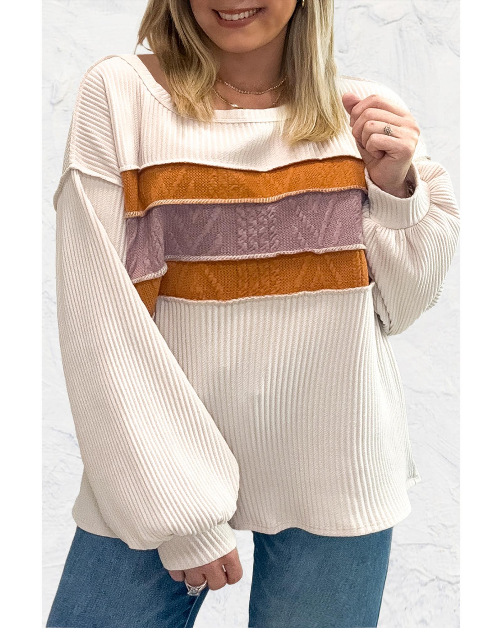 V539-AZEXDC25128790-P101-XL-202508270810-00 White Corded Exposed Seam Knit Patchwork Drop Sleeve Top - XL - Image 1