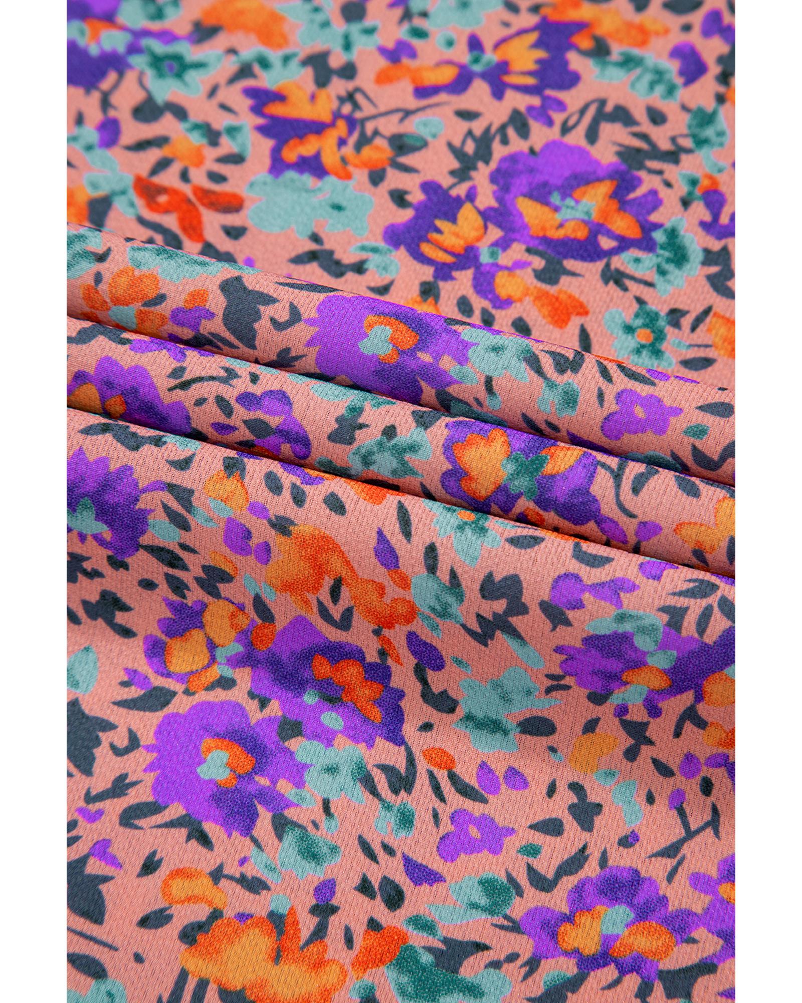 V539-AZEXDC25128820-P820-S-202506120712-00 Purple Floral Allover Print Shirred Cuff Frilled O Neck Blouse - S - Image 1