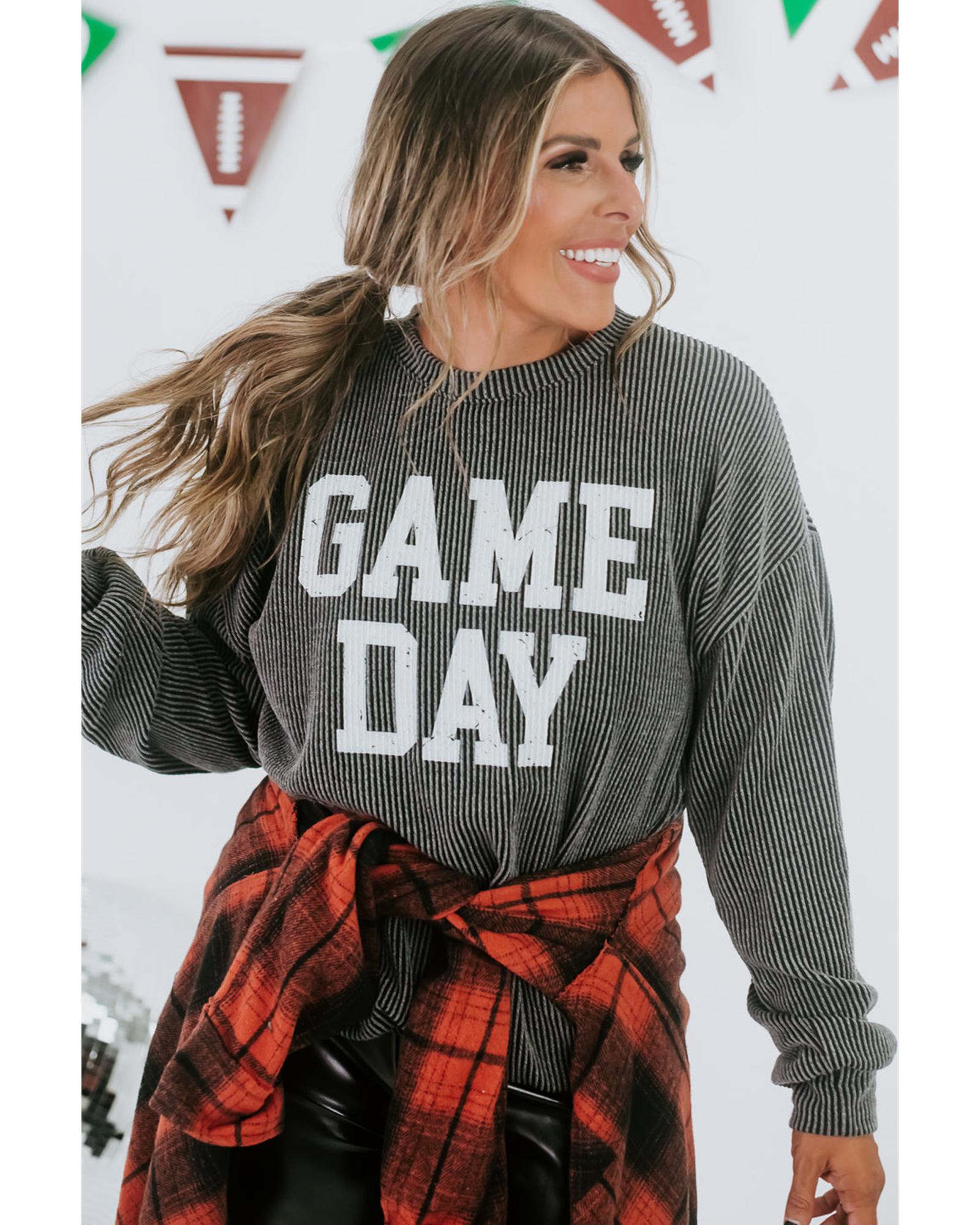 V539-AZEXDC25128827-P2011-XL-202508271805-00 Dark Grey Corded GAME DAY Graphic Long Sleeve Crewneck Top - XL - Image 1