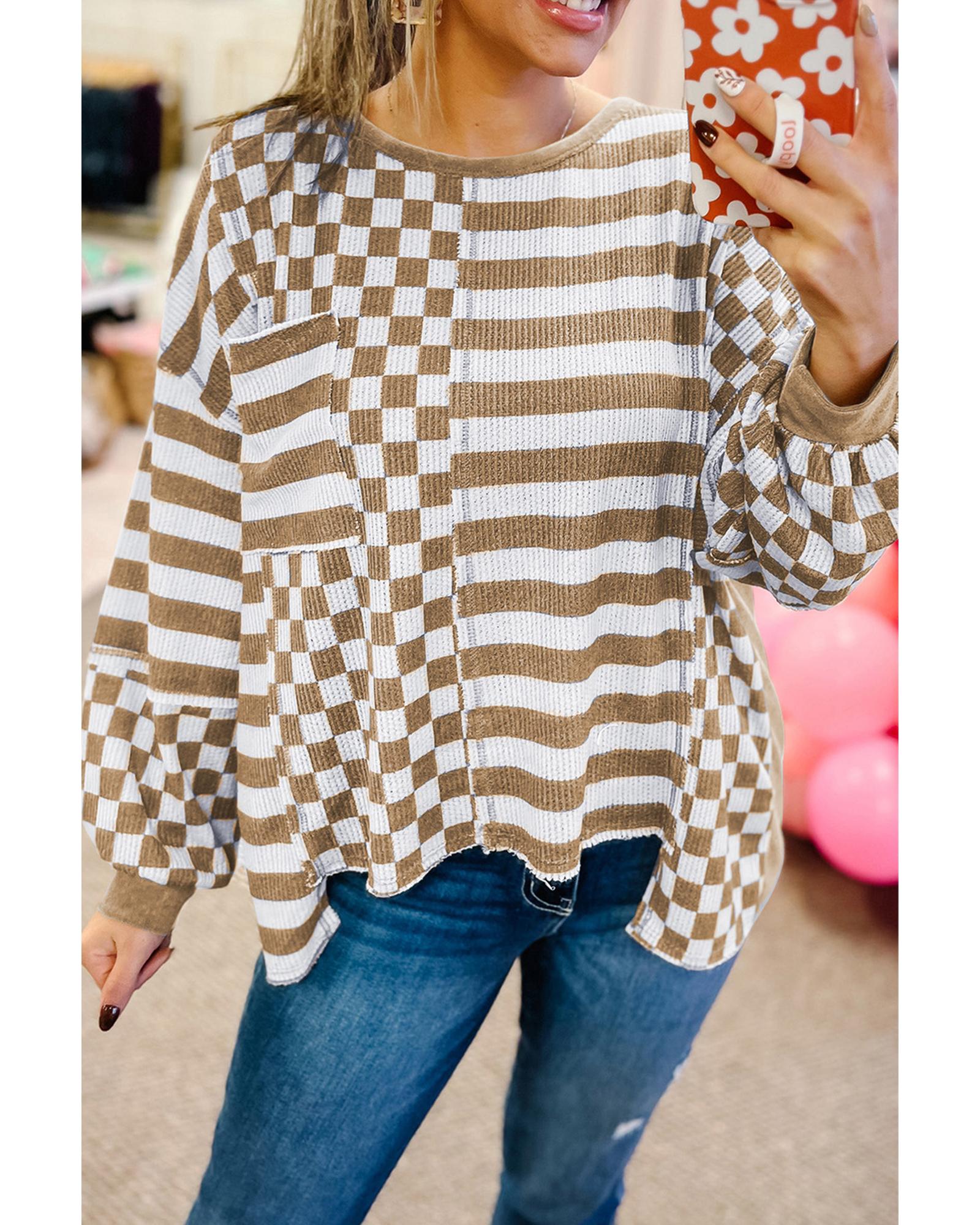 V539-AZEXDC25128906-P1622-M-202508271125-00 Khaki Checkerboard Striped Patchwork Lantern Sleeve Pocketed Blouse - M - Image 1
