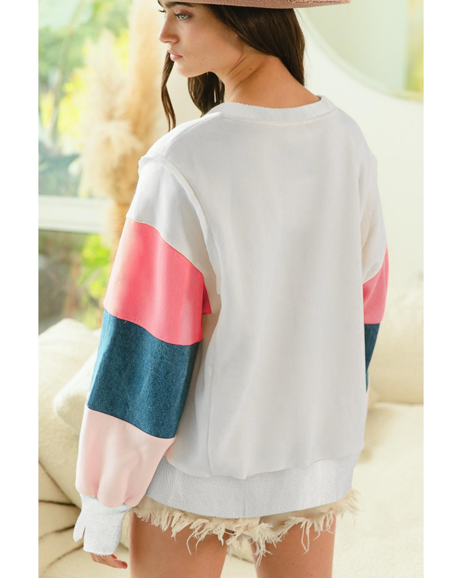 V539-AZEXDC25128947-P101-S-202506120836-00 White French Terry Color Block Long Sleeve Top - S - Image 1