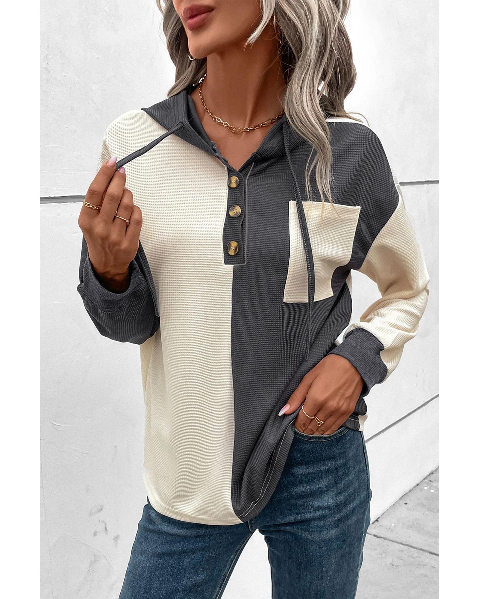 V539-AZEXDC25128977-P2011-M-202508271830-00 Dark Grey Waffle Colorblock Buttons Placket Drop Shoulder Drawstring Hoodie - M - Image 1