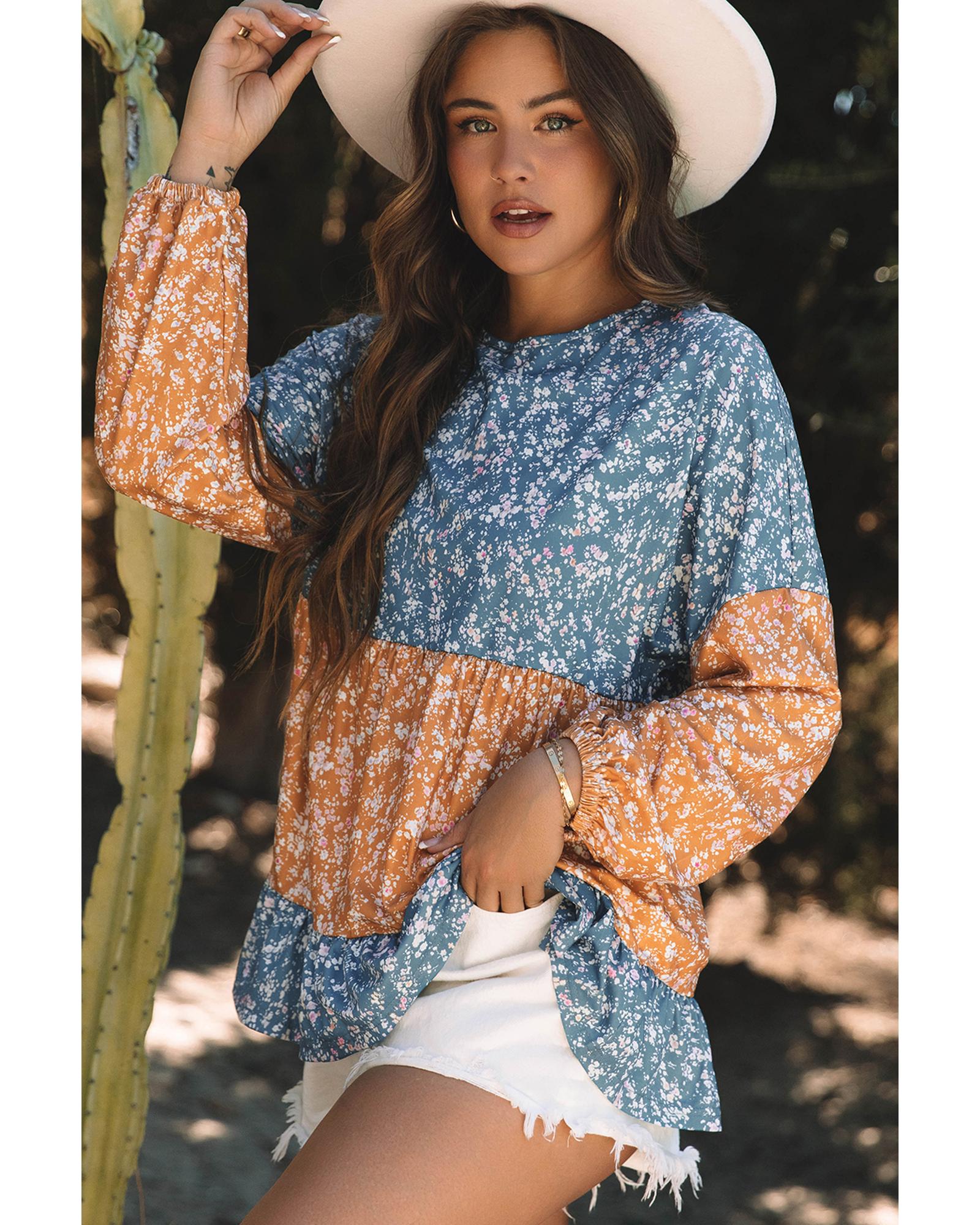 V539-AZEXDC25128989-P1420-M-202508271100-00 Orange Floral Color Block Patchwork Ruffled Hem Round Neck Blouse - M - Image 1