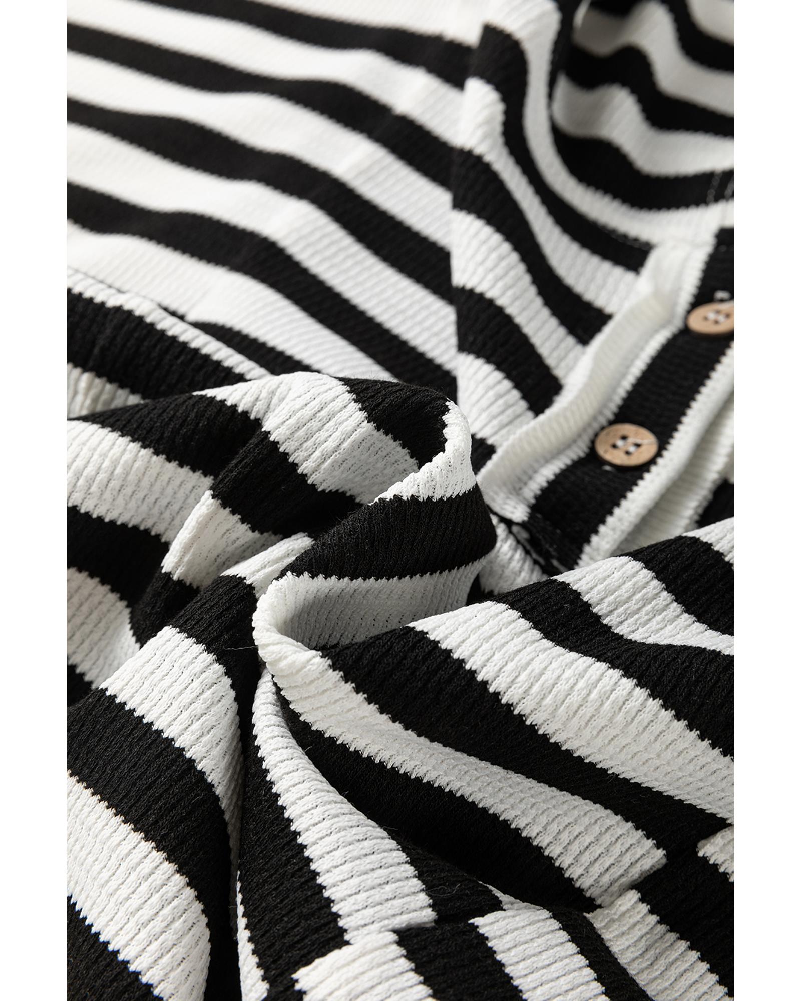 V539-AZEXDC25129089-P102-M-202508272205-00 Black white Oversized Striped Henley Buttons Dolman Sleeve Hooded Top - M - Image 1