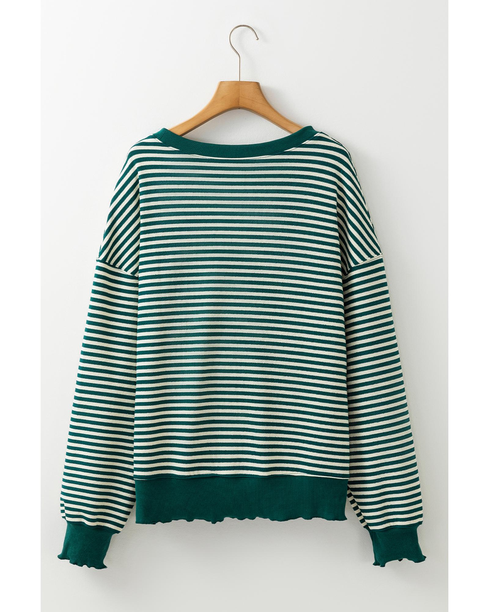 V539-AZEXDC25129121-P919-S-202506120446-00 Green Stripe Loose Drop Shoulder Long Sleeve Top - S - Image 1