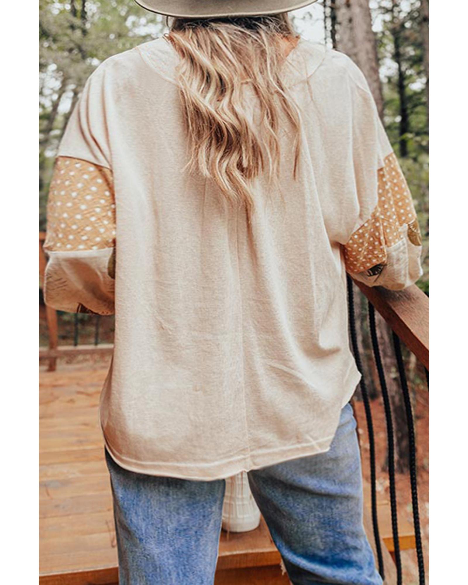 V539-AZEXDC25129124-P2015-M-202508270700-00 Jet Stream Palm Leaves Polka Dot Puff Sleeve Patchwork V Neck Loose Blouse - M - Image 1