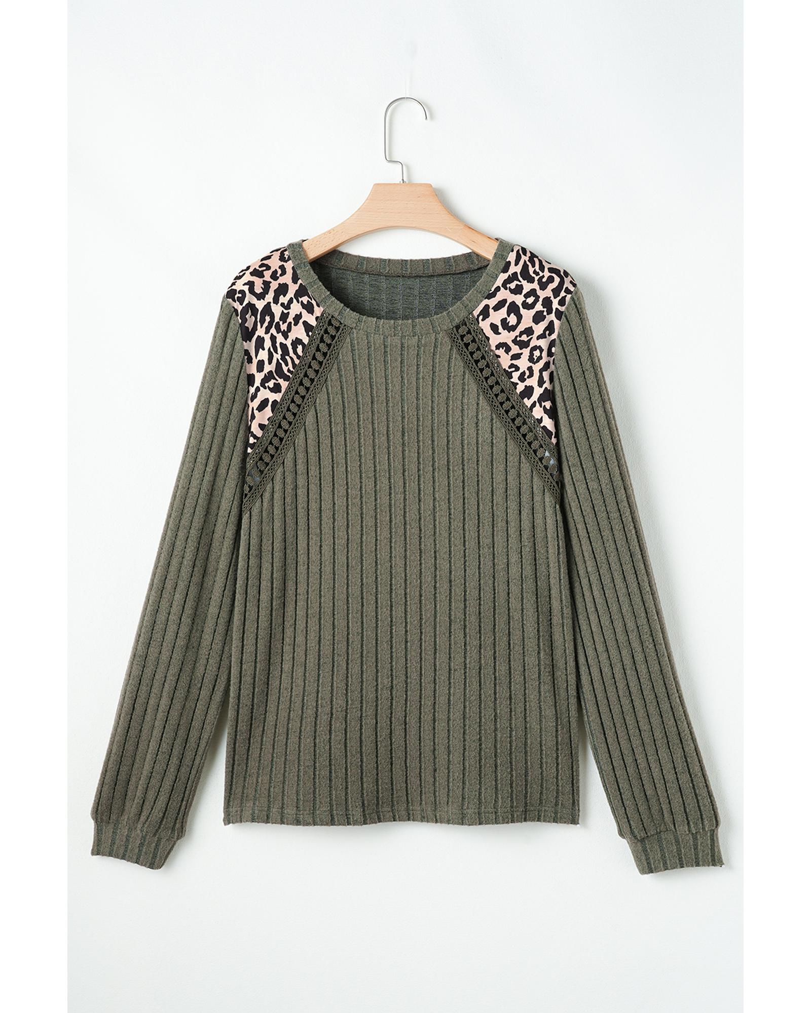 V539-AZEXDC25129150-P1609-M-202508272355-00 Moss Green Leopard Print Crochet Patchwork Rib Textured Knit Top - M - Image 1