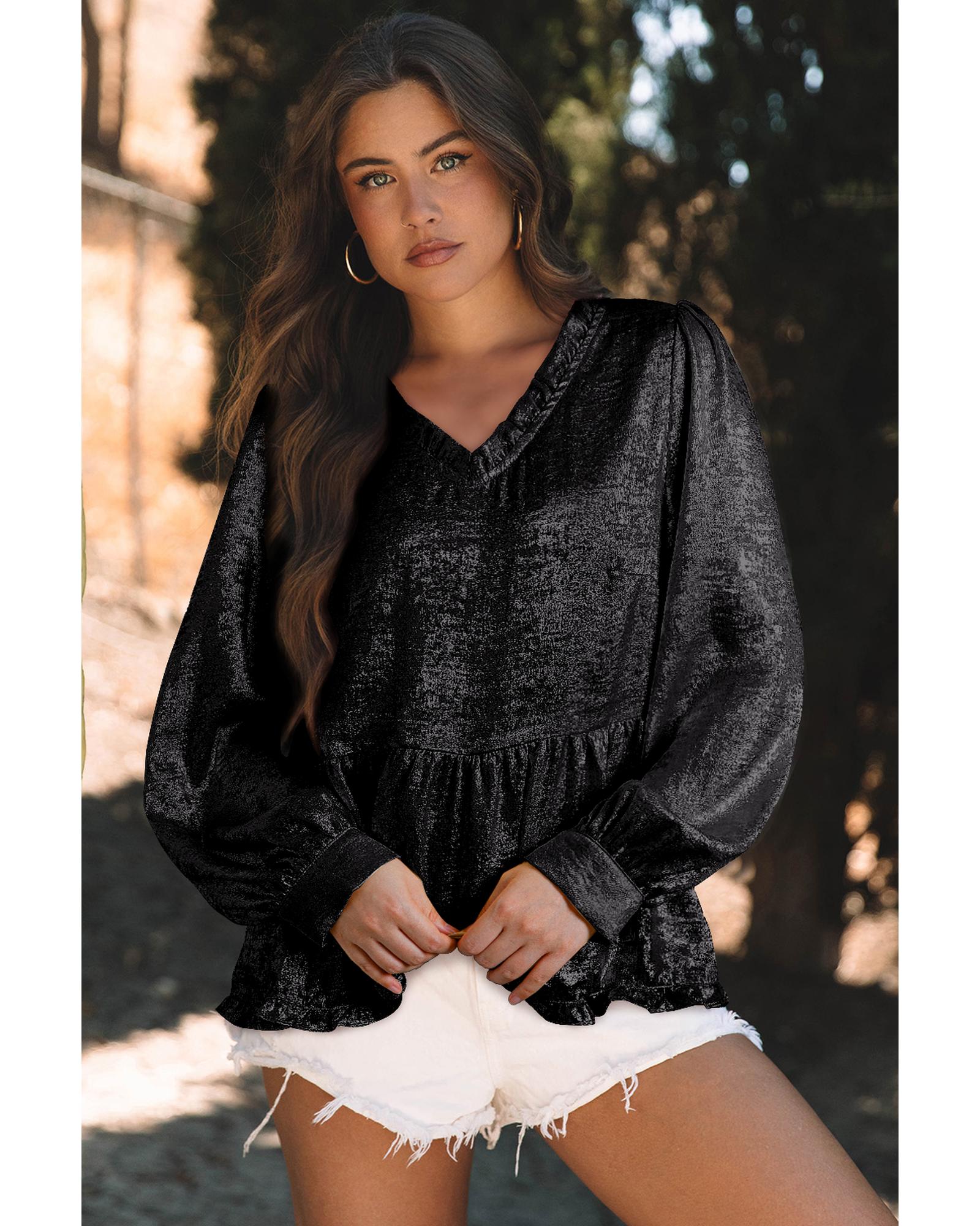 V539-AZEXDC25129163-P2-XL-202508271120-00 Black Metallic Frilled V Neck Puff Sleeve Babydoll Blouse - XL - Image 1