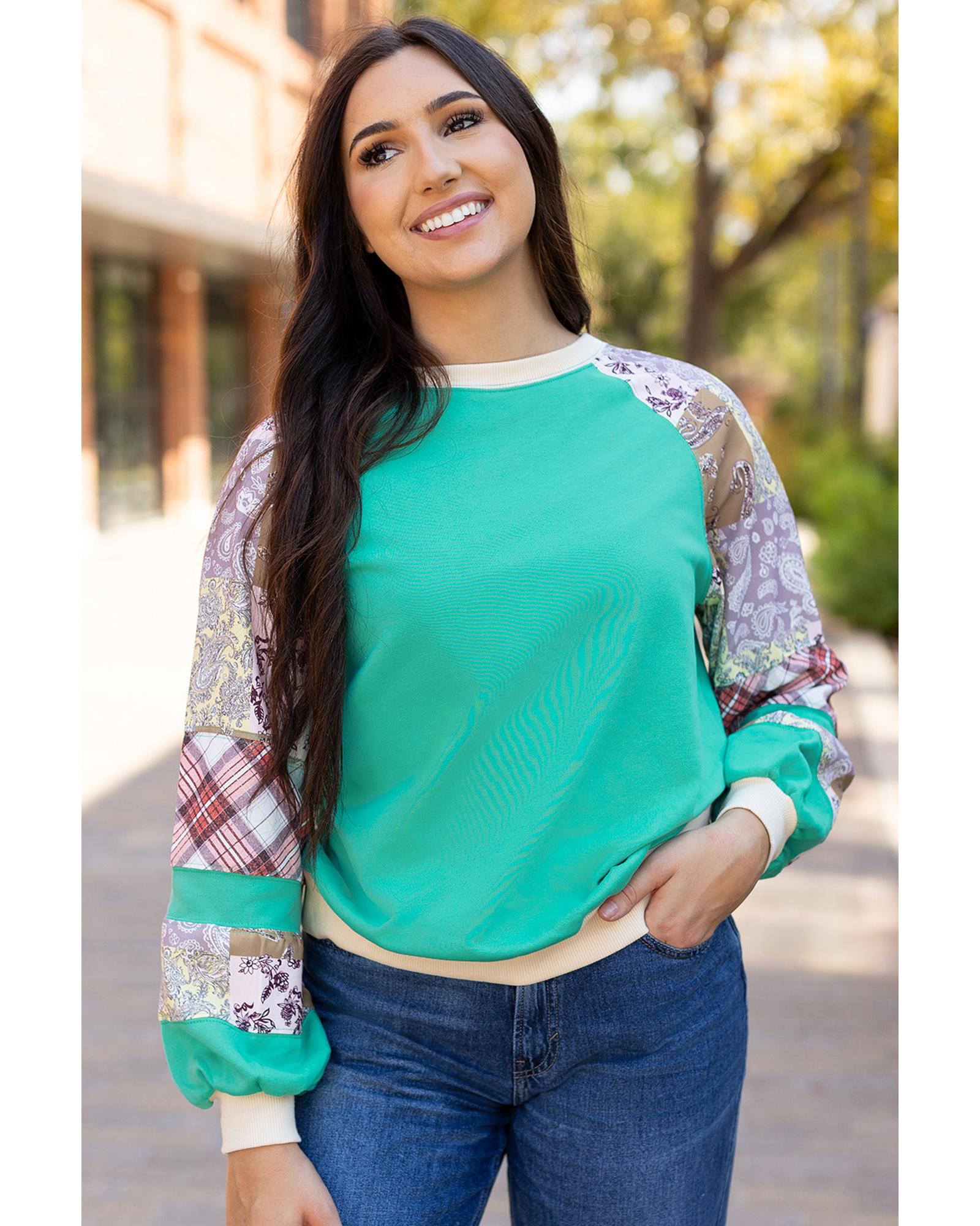 V539-AZEXDC25129172-P504-L-202508271855-00 Aruba Blue Plaid Vintage Paisley Patchwork Long Sleeve Raglan Top - L - Image 1