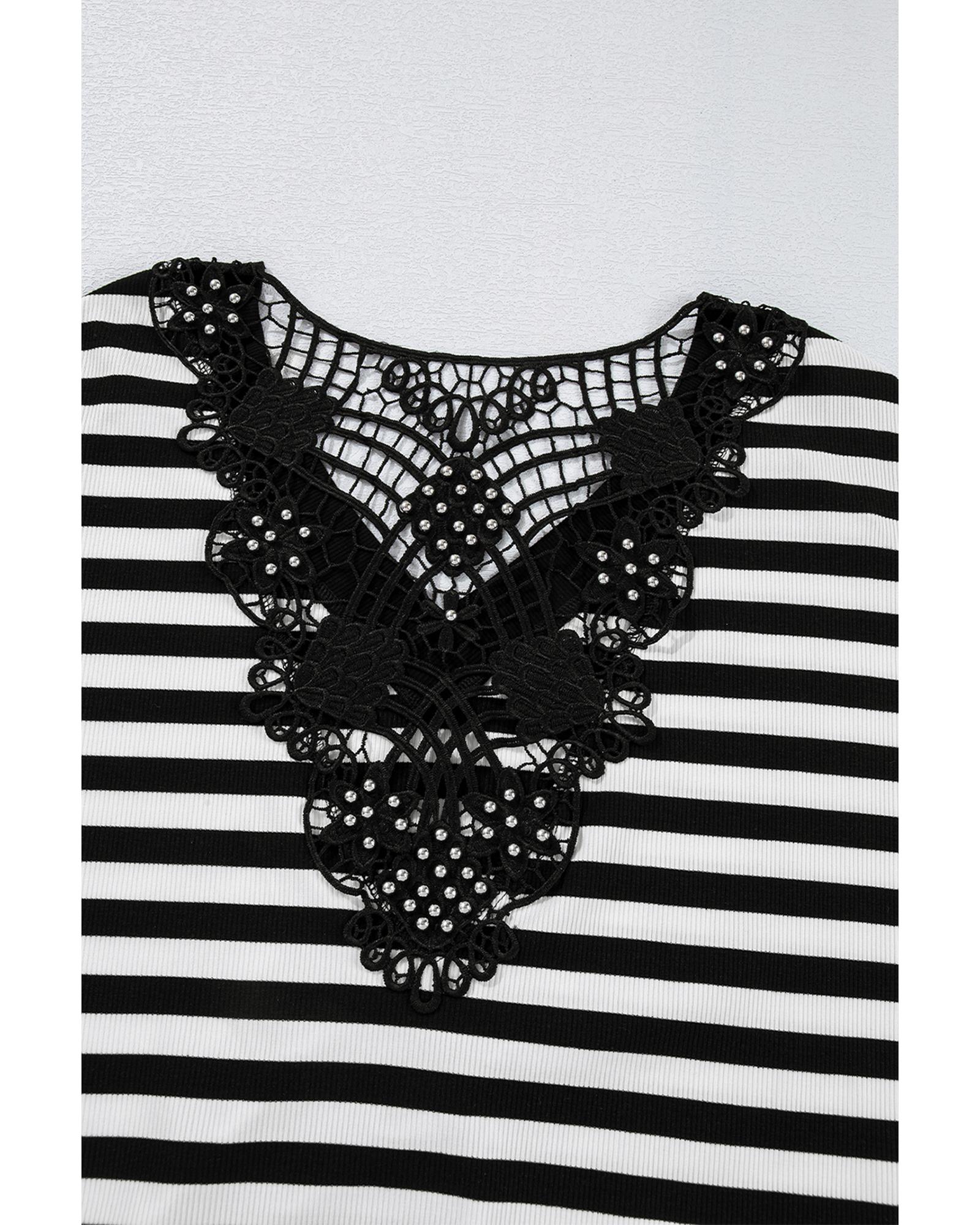 V539-AZEXDC25129173-P219-M-202508270305-00 Black Stripe Crochet Hollow-out Back Buttoned Shoulder V Neck Top - M - Image 1