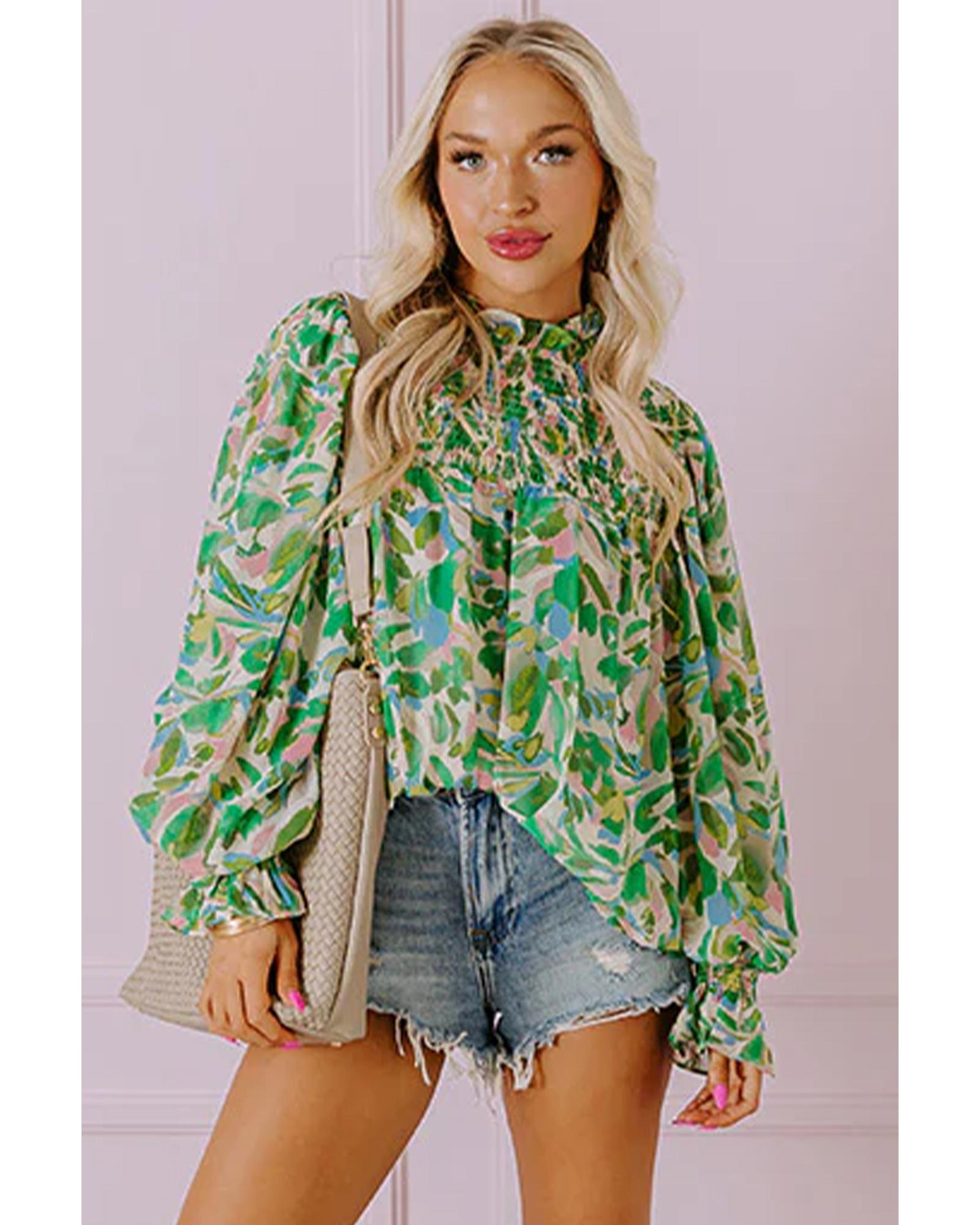 V539-AZEXDC25129181-P920-L-202508270740-00 Green Leafy Printed Flounce Sleeve Shirred Mock Neck Blouse - L - Image 1