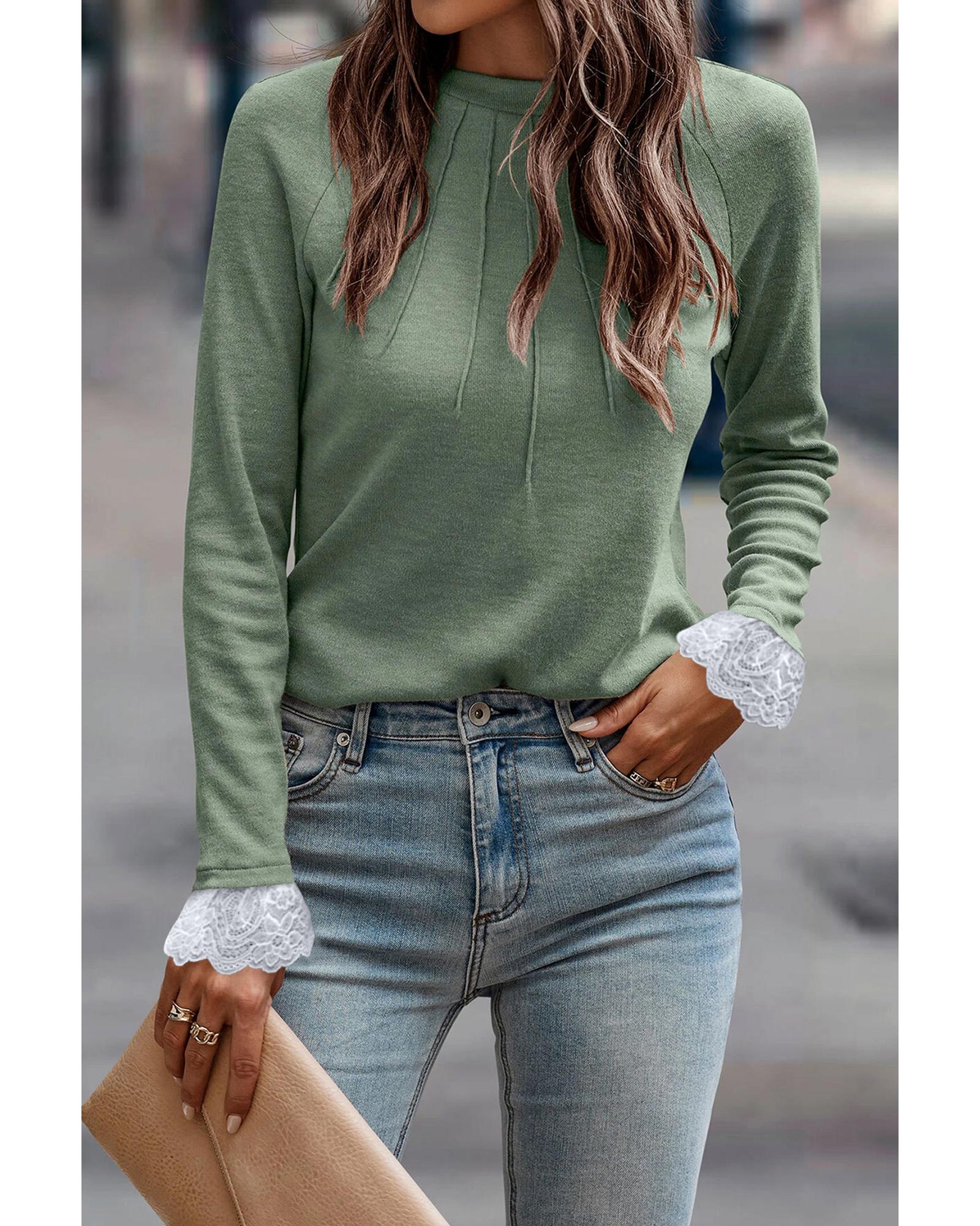 V539-AZEXDC25129189-P1109-M-202508270425-00 Grass Green Seam Detail Lace Contrast Cuffs Raglan Sleeve Top - M - Image 1