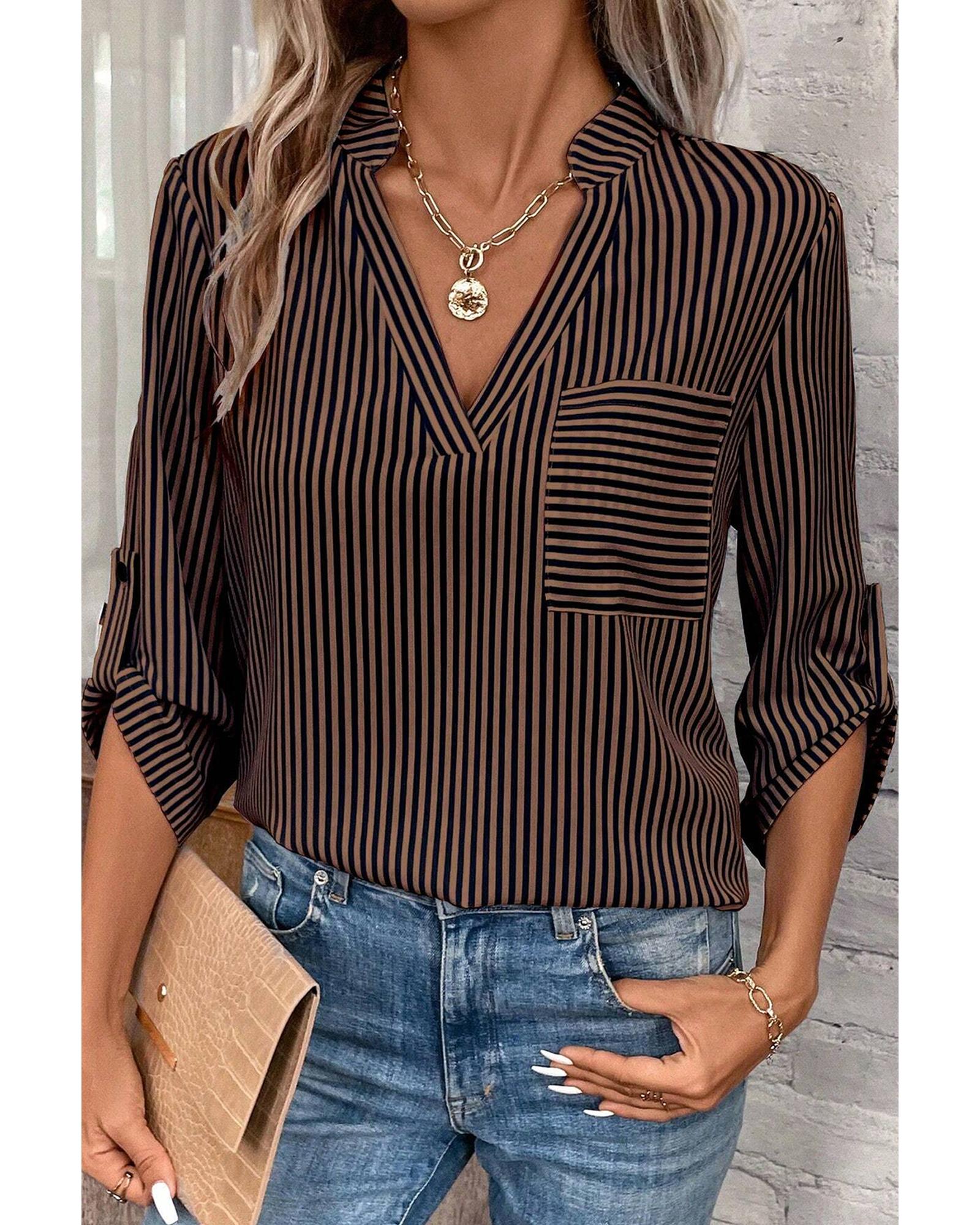 V539-AZEXDC25129190-P1719-L-202508272320-00 Brown Stripe V Neck Roll Up Sleeve Pocket Patched Classic Shirt - L - Image 1