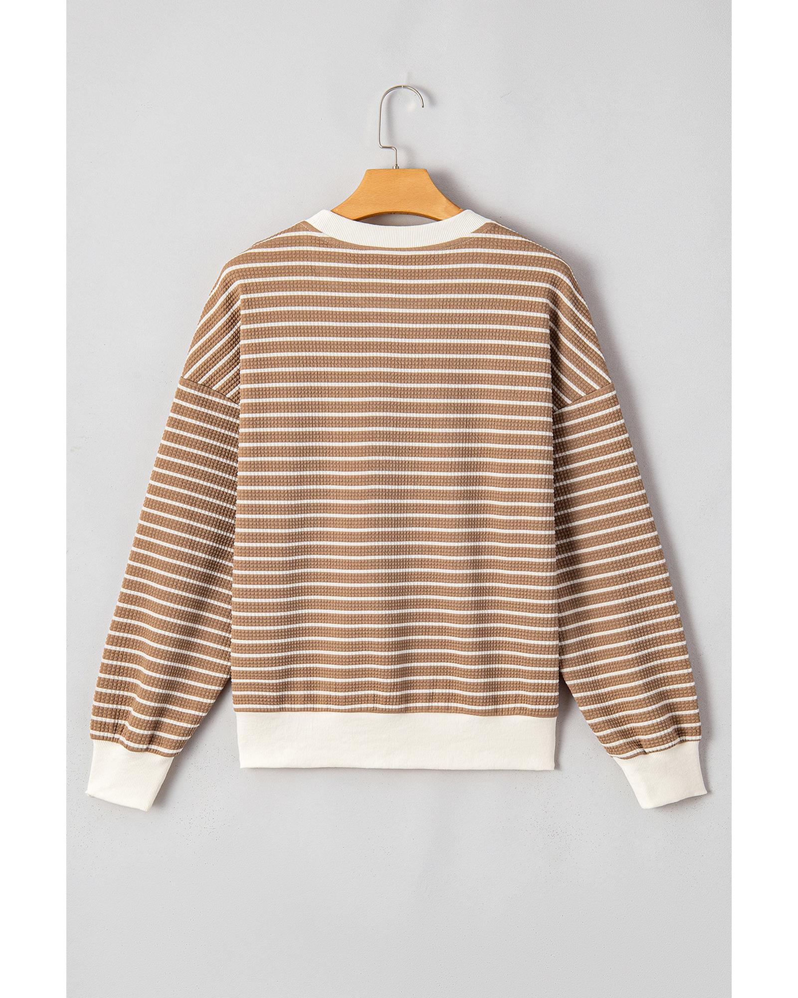 V539-AZEXDC25129214-P1619-L-202508271810-00 Khaki Stripe Patched Edge Textured Round Neck Long Sleeve Top - L - Image 1