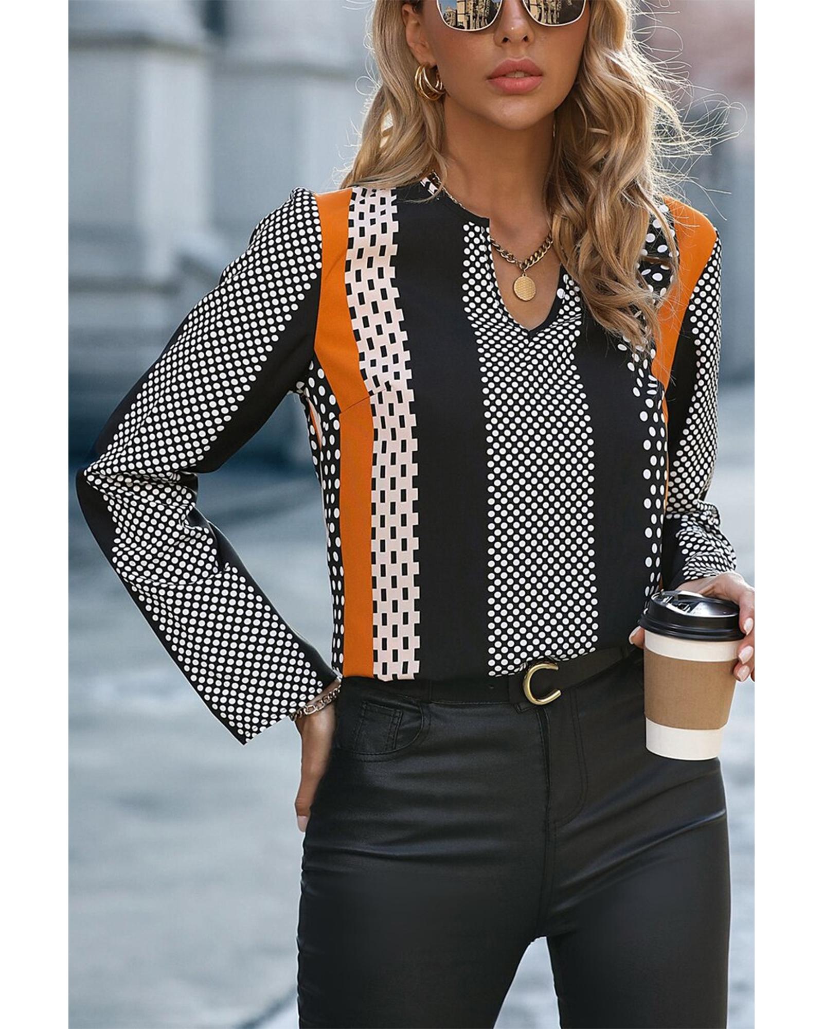 V539-AZEXDC25129283-P1422-M-202508272120-00 Orange Geo Print Colorblock Notched V Neck Blouse - M - Image 1