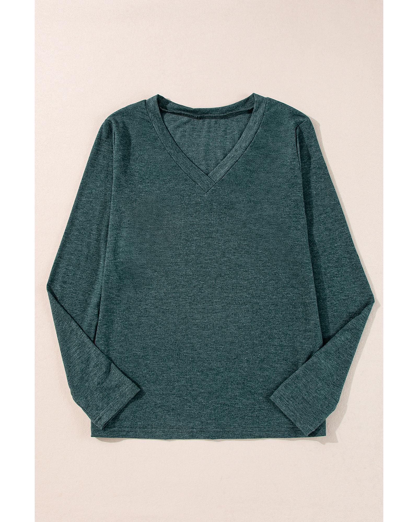 V539-AZEXDC25129298-P509-S-202506120836-00 Mist Green Solid Color Long Sleeve V Neck Top - S - Image 1