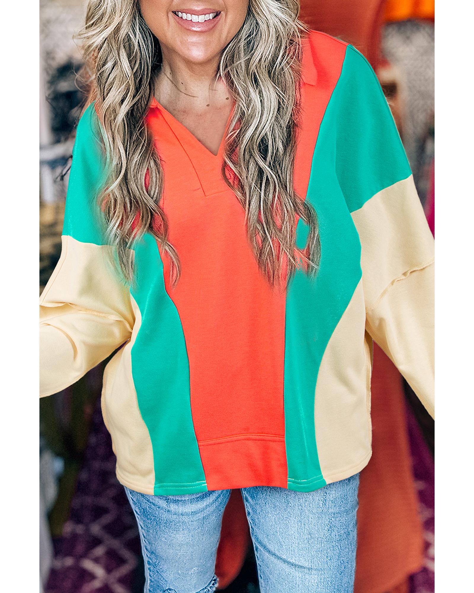 V539-AZEXDC25129303-P3014-L-202508271230-00 Grapefruit Orange Color Block Patchwork Collared V Neck Loose Top - L - Image 1