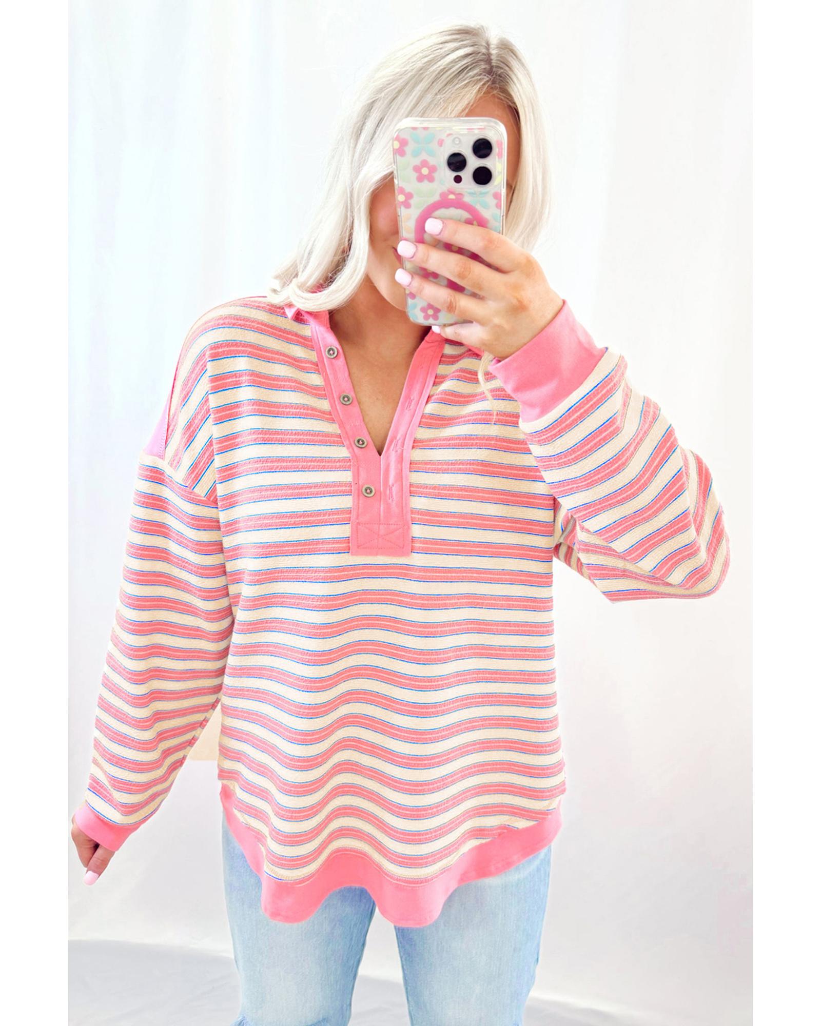 V539-AZEXDC25129317-P1019-XL-202508272220-00 Pink Stripe Buttoned V Neck Collared Drop Shoulder Top - XL - Image 1