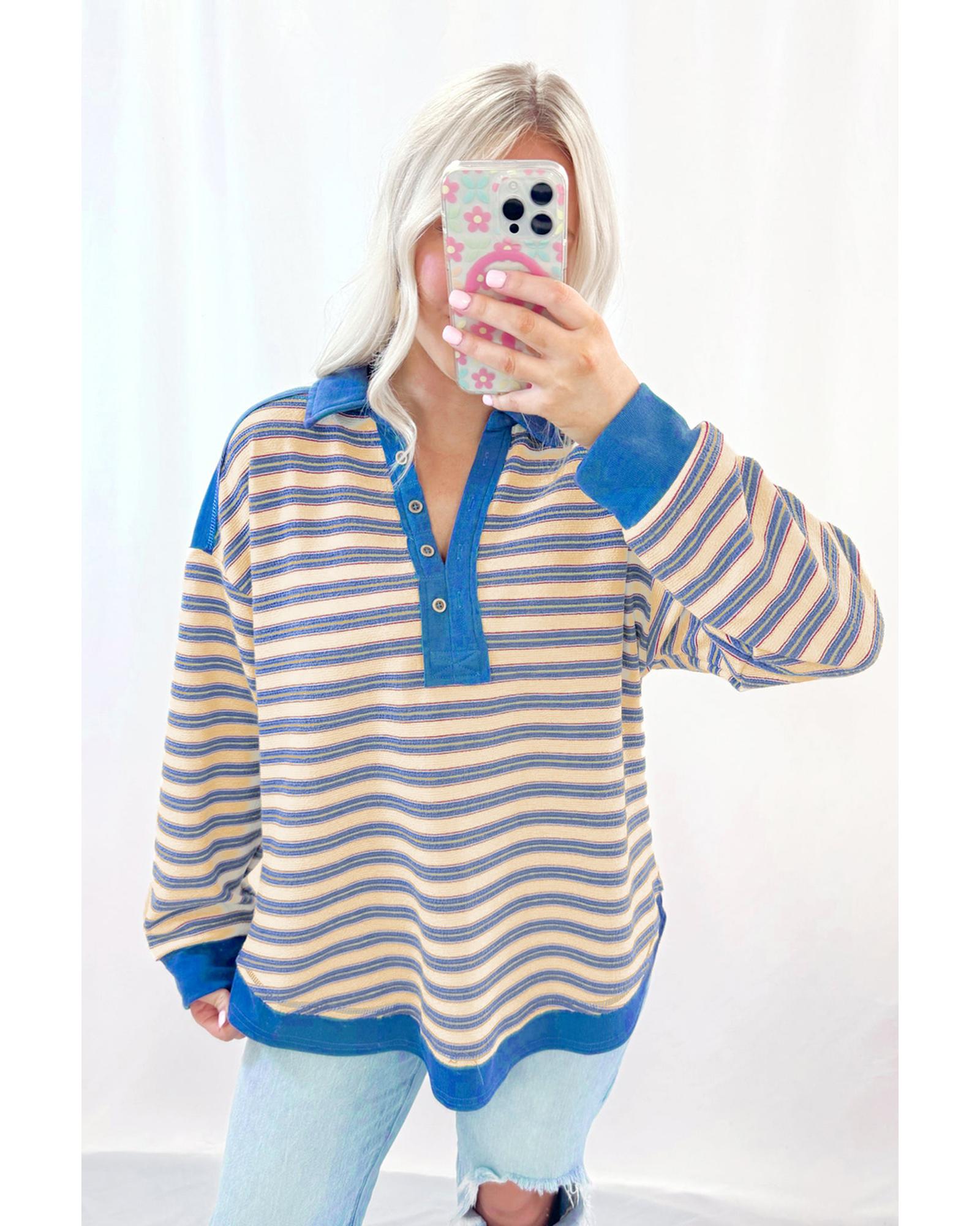 V539-AZEXDC25129317-P519-L-202508270745-00 Blue Stripe Buttoned V Neck Collared Drop Shoulder Top - L - Image 1