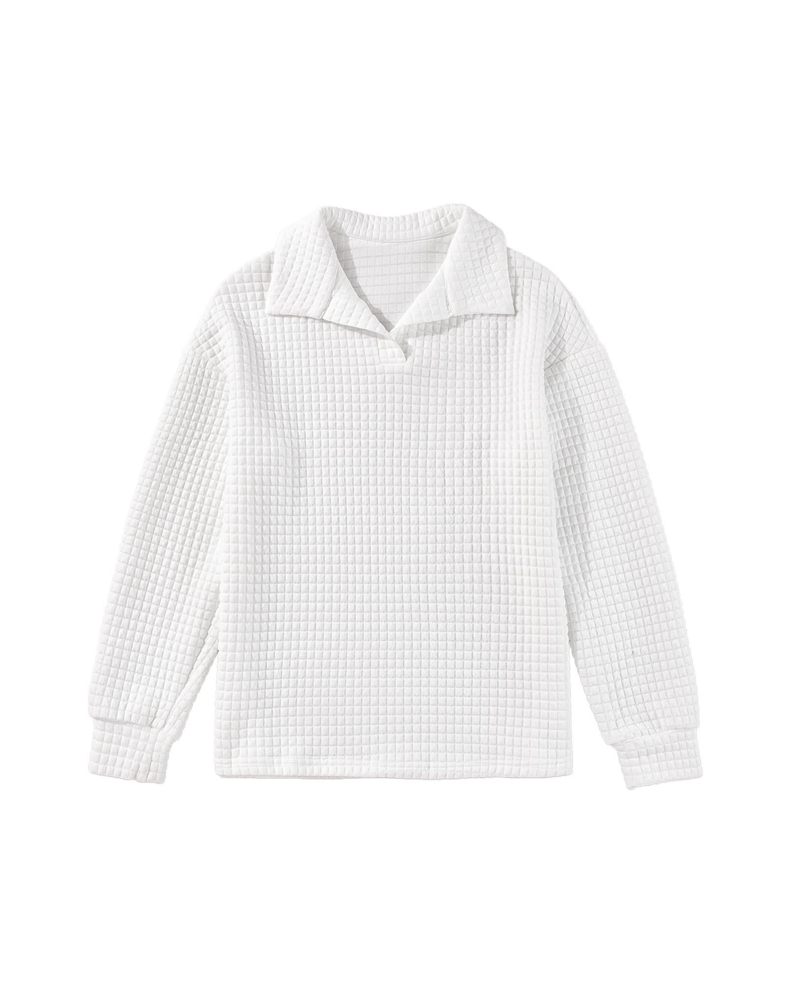 V539-AZEXDC25129356-P1-L-202508271835-00 White Quilted Texture Sporty Collared Long Sleeve Top - L - Image 1