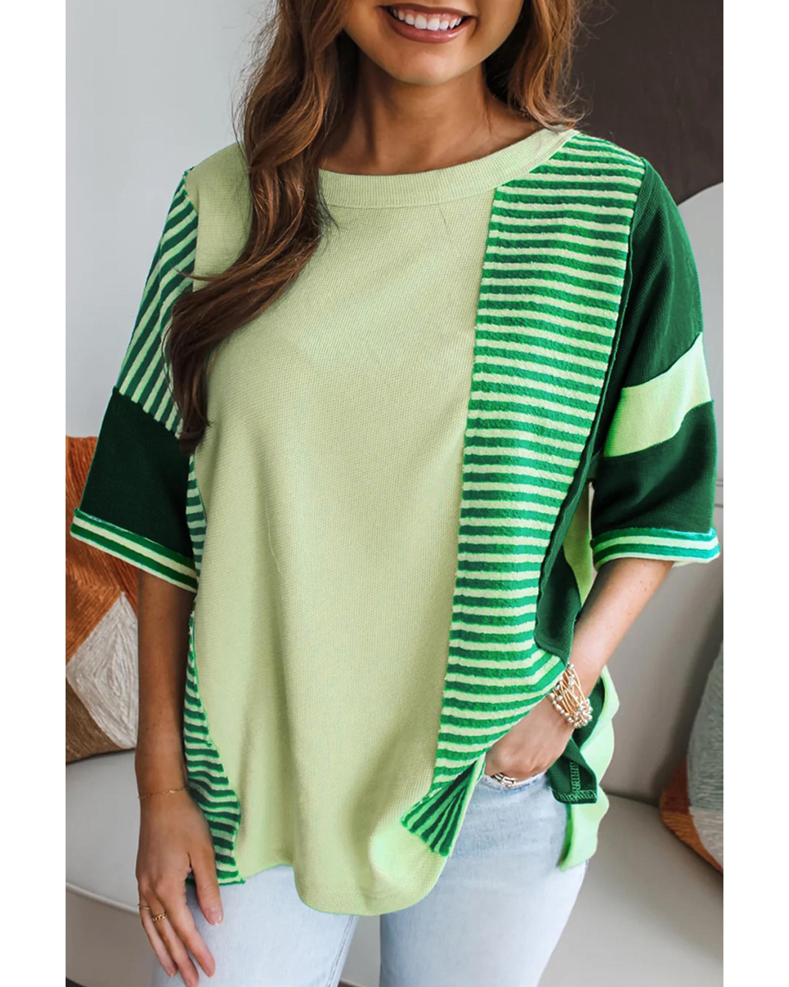 V539-AZEXDC25129359-P1009-M-202508270440-00 Mint Green Striped Patchwork Textured Colorblock 3/4 Sleeve Knit Top - M - Image 1