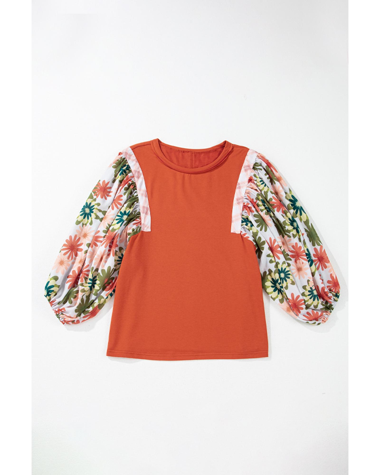 V539-AZEXDC25129363-P8014-XL-202508271320-00 Desert Gold Floral Puff Sleeve Patchwork Round Neck Blouse - XL - Image 1