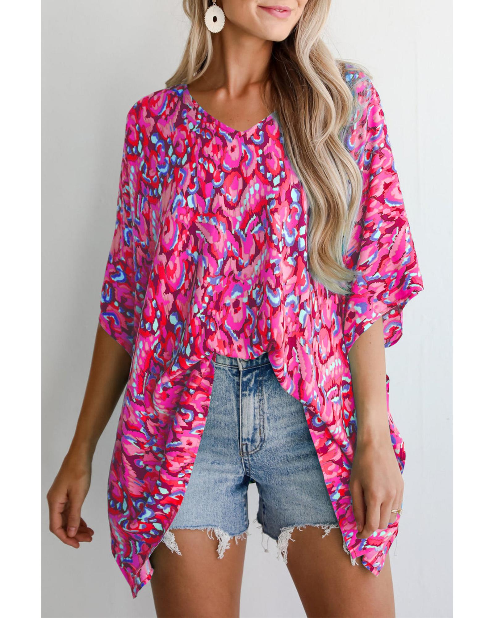 V539-AZEXDC25129427-P1020-L-202508272150-00 Pink Abstract Print V Neck Half Sleeve Loose Fit Tunic Blouse - L - Image 1