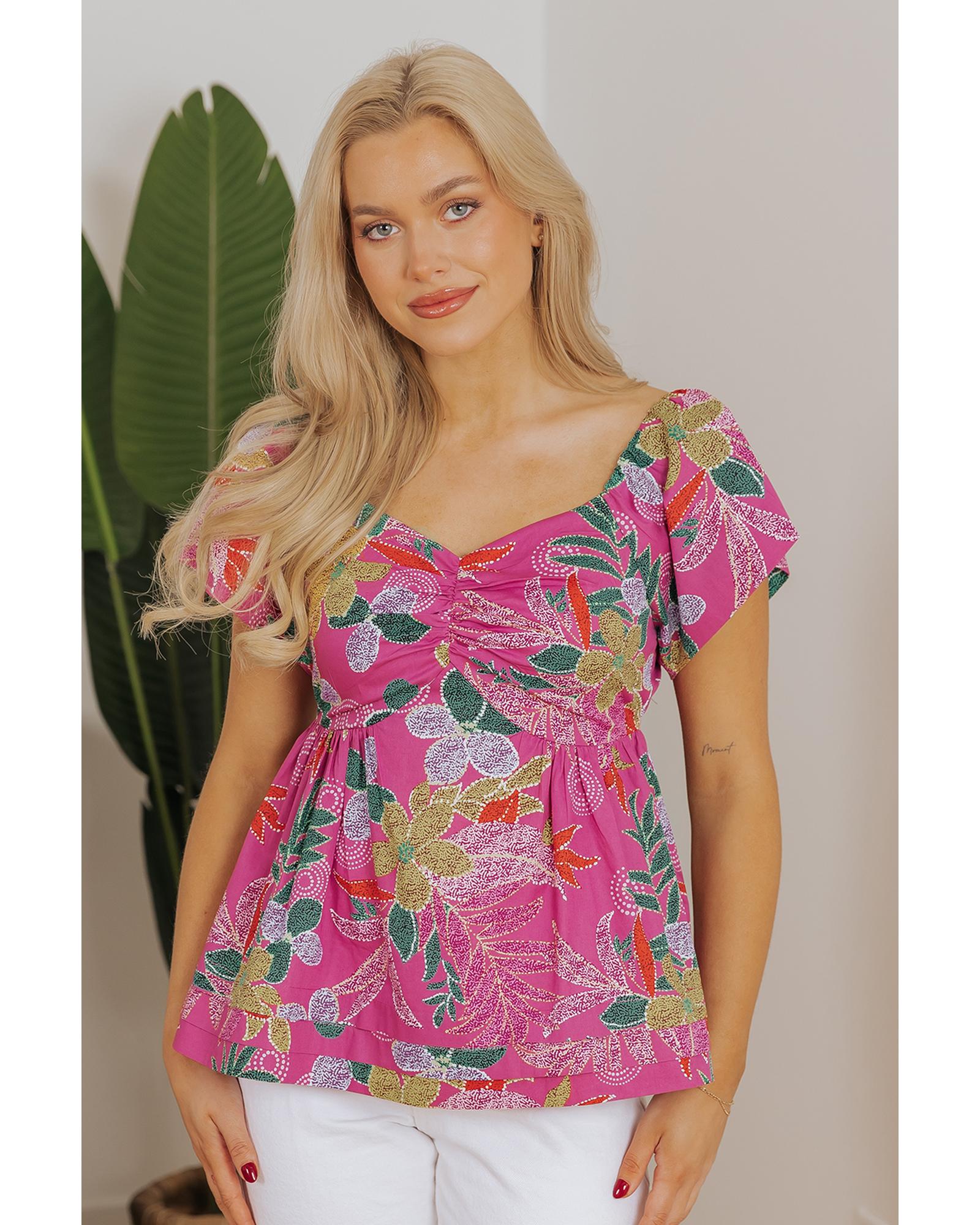 V539-AZEXDC25129429-P820-XL-202508271625-00 Purple Floral Print Sweetheart Neck Flutter Sleeve Blouse - XL - Image 1