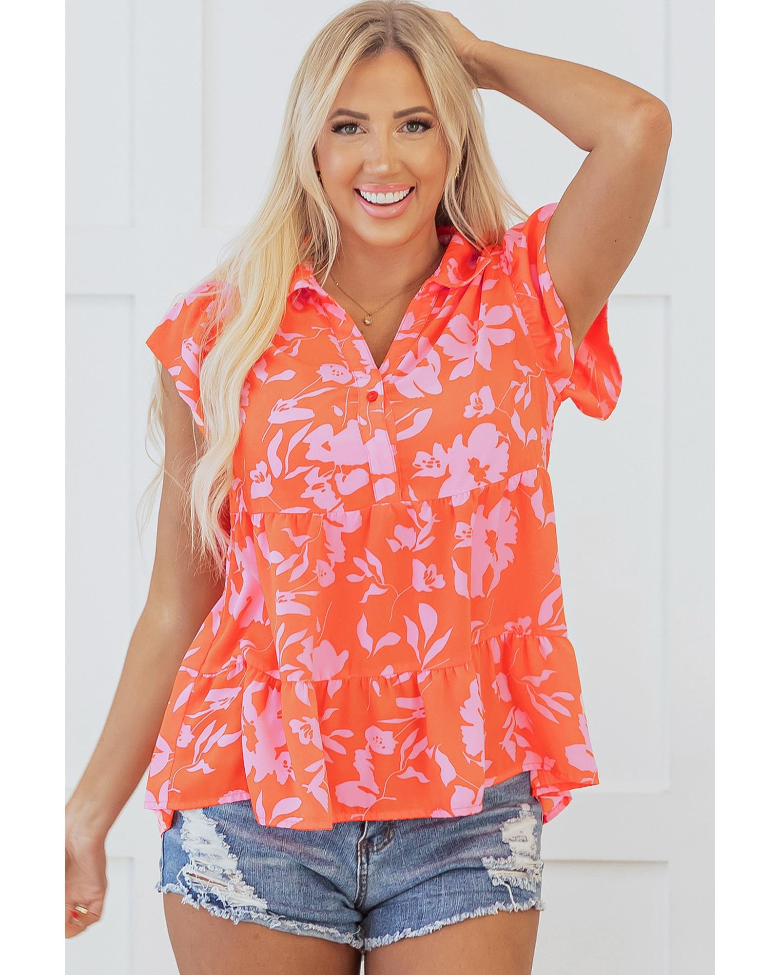 V539-AZEXDC25129431-P1420-XL-202508272210-00 Orange Floral Print Collared Button Neckline Flutter Sleeve Blouse - XL - Image 1