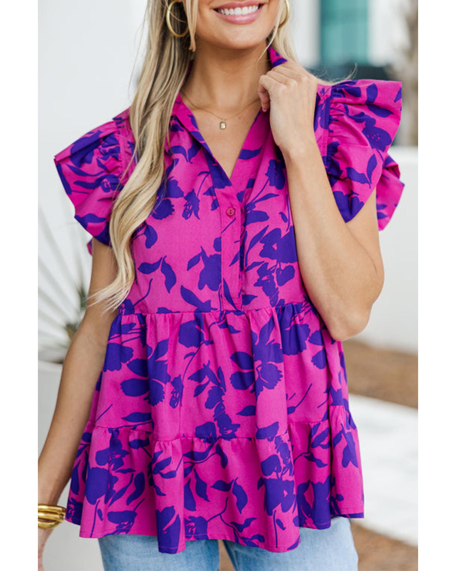 V539-AZEXDC25129431-P620-L-202508272325-00 Rose Floral Print Collared Button Neckline Flutter Sleeve Blouse - L - Image 1